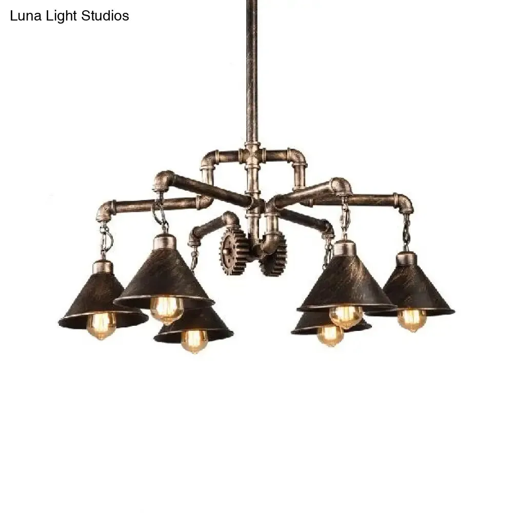 Bronze Conical Metal Chandelier - Farmhouse 6-Bulb Pendant Light for Dining Room Ceiling with Pipe and Gear Design