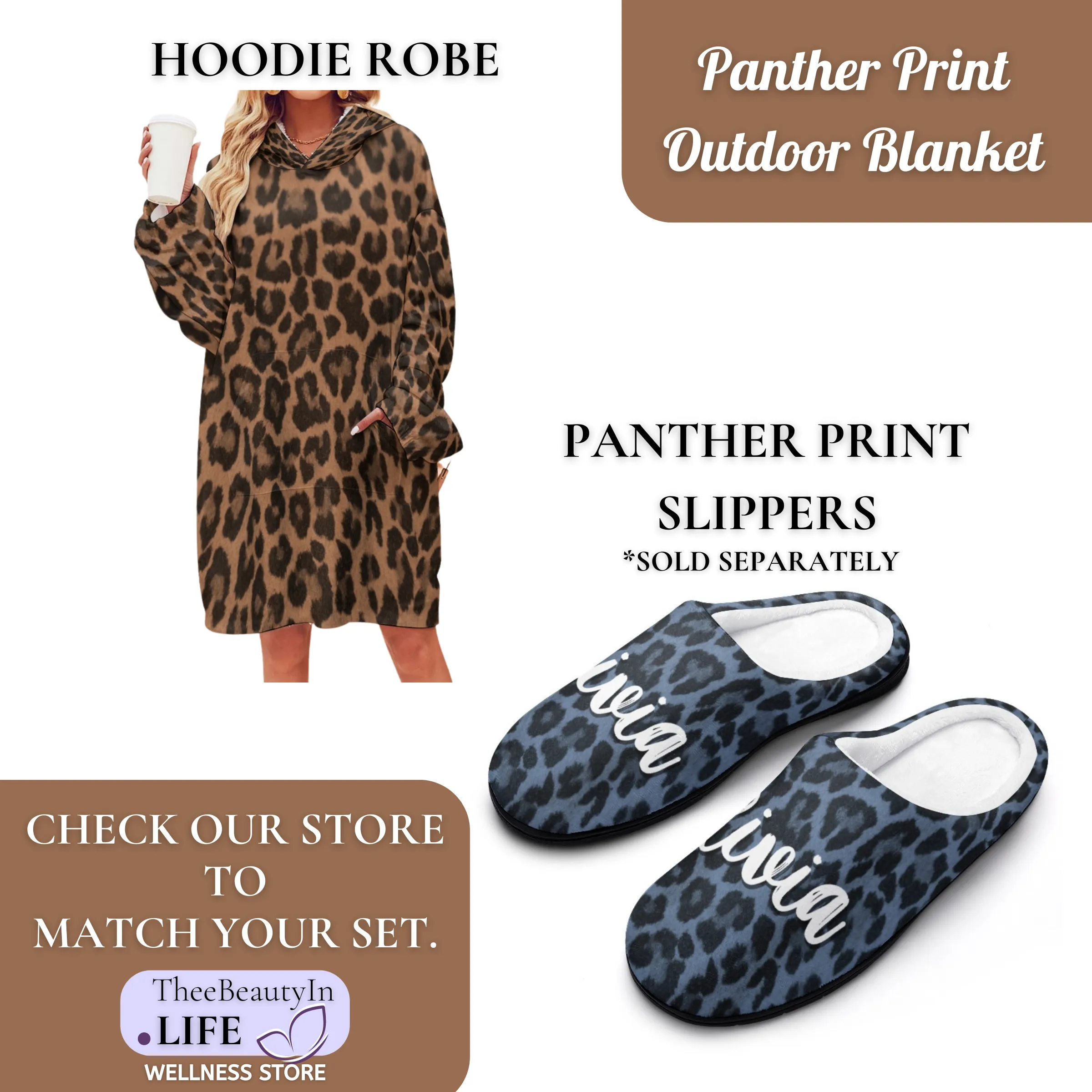 Brown Panther Print Custom Outdoor Blanket | Concert Blanket with Leopard Animal Print | Waterproof Picnic Blanket | Personalized Name Stadium Blanket | Portable Blanket for Family Photoshoots | Cute Gifts for Women