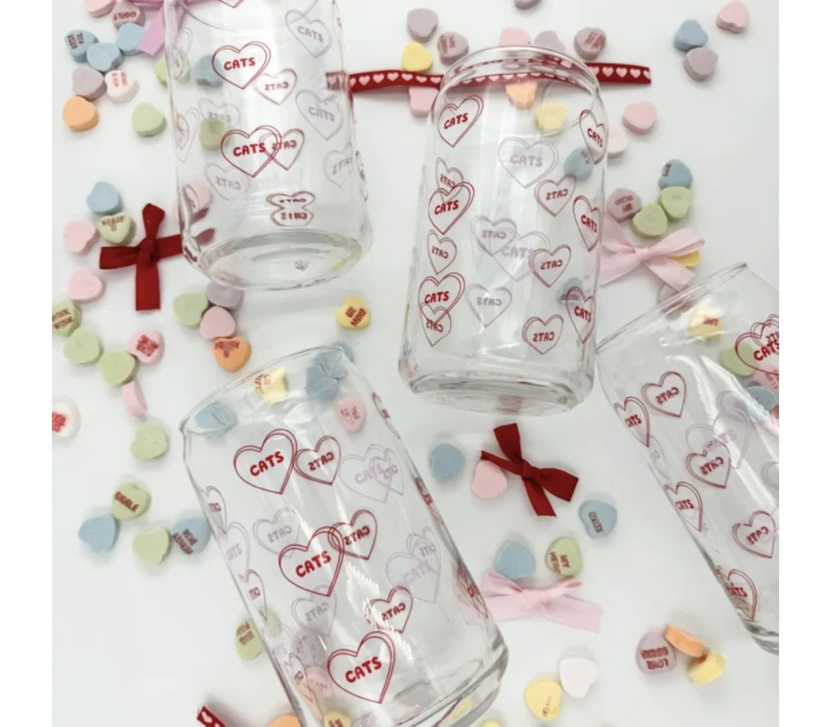 Cats Candy Hearts 16 oz Can Glass Cup-Dishwasher Safe