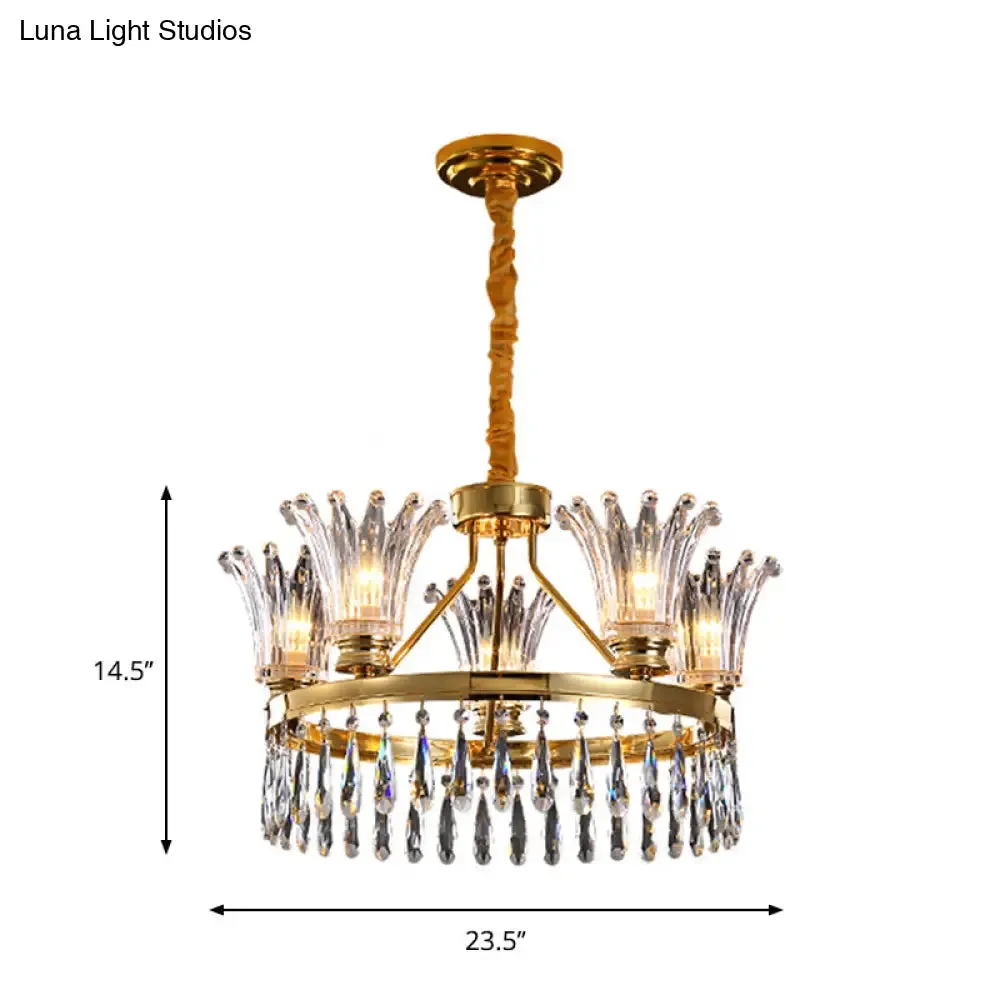 Classic Gold Flared Chandelier with Clear Crystals - 5/8 Bulb Ceiling Pendant