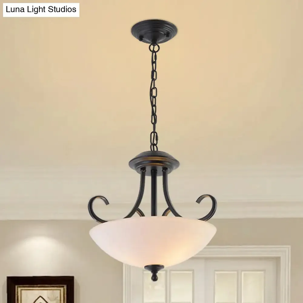 Classic White Frosted Glass 3-Bulb Pendant Chandelier with Scroll Arm