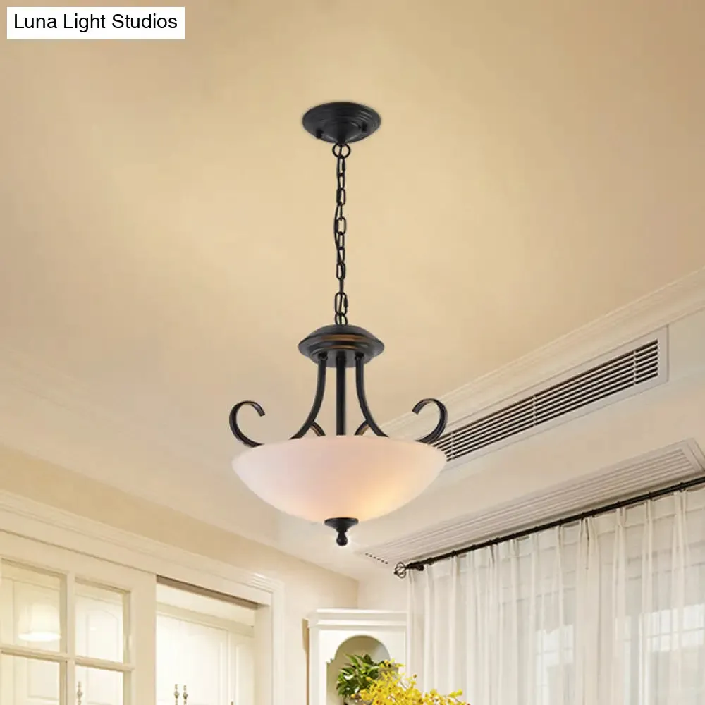 Classic White Frosted Glass 3-Bulb Pendant Chandelier with Scroll Arm