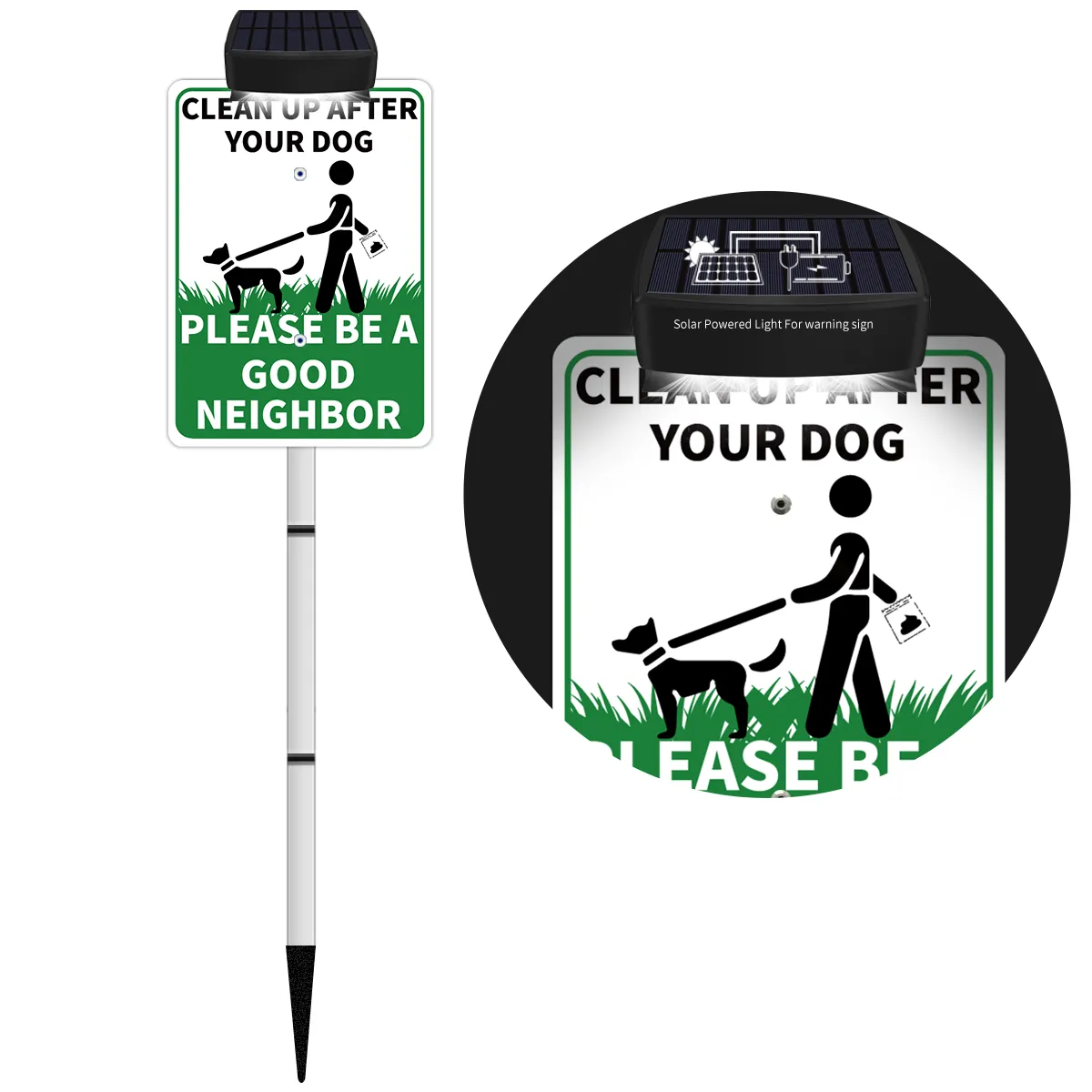 CLEAN UP AFTER YOUR PET Yard Warning Sign Solar Powered, Rechargeable LED Illuminated Aluminum Sign with Stake, Reflective Outside Sign Light Up For Houses