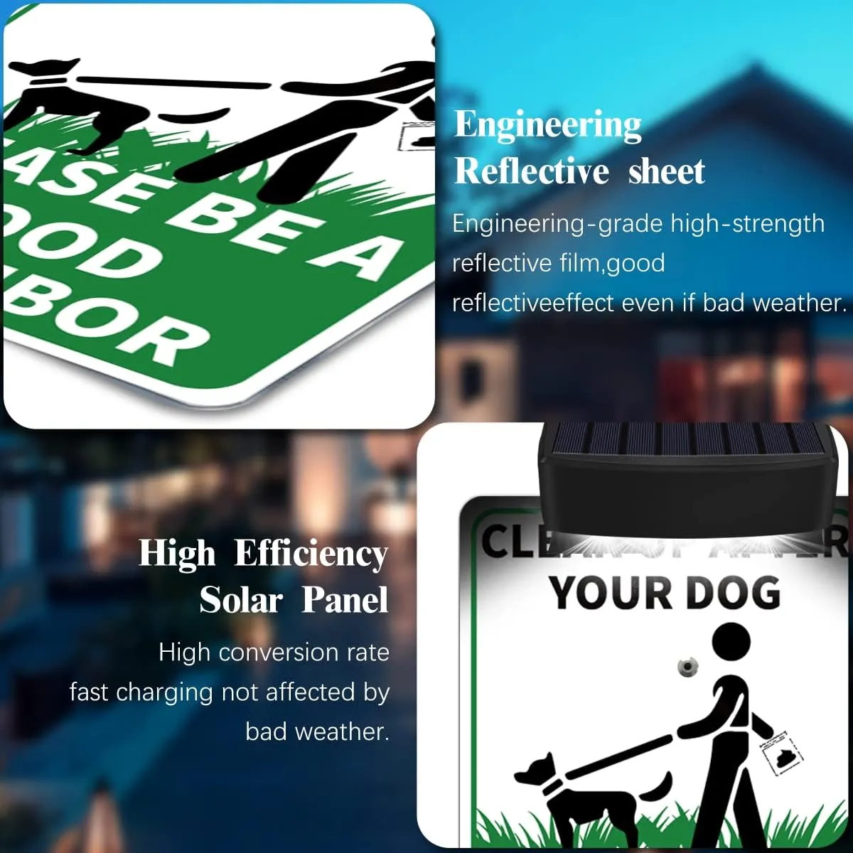 CLEAN UP AFTER YOUR PET Yard Warning Sign Solar Powered, Rechargeable LED Illuminated Aluminum Sign with Stake, Reflective Outside Sign Light Up For Houses