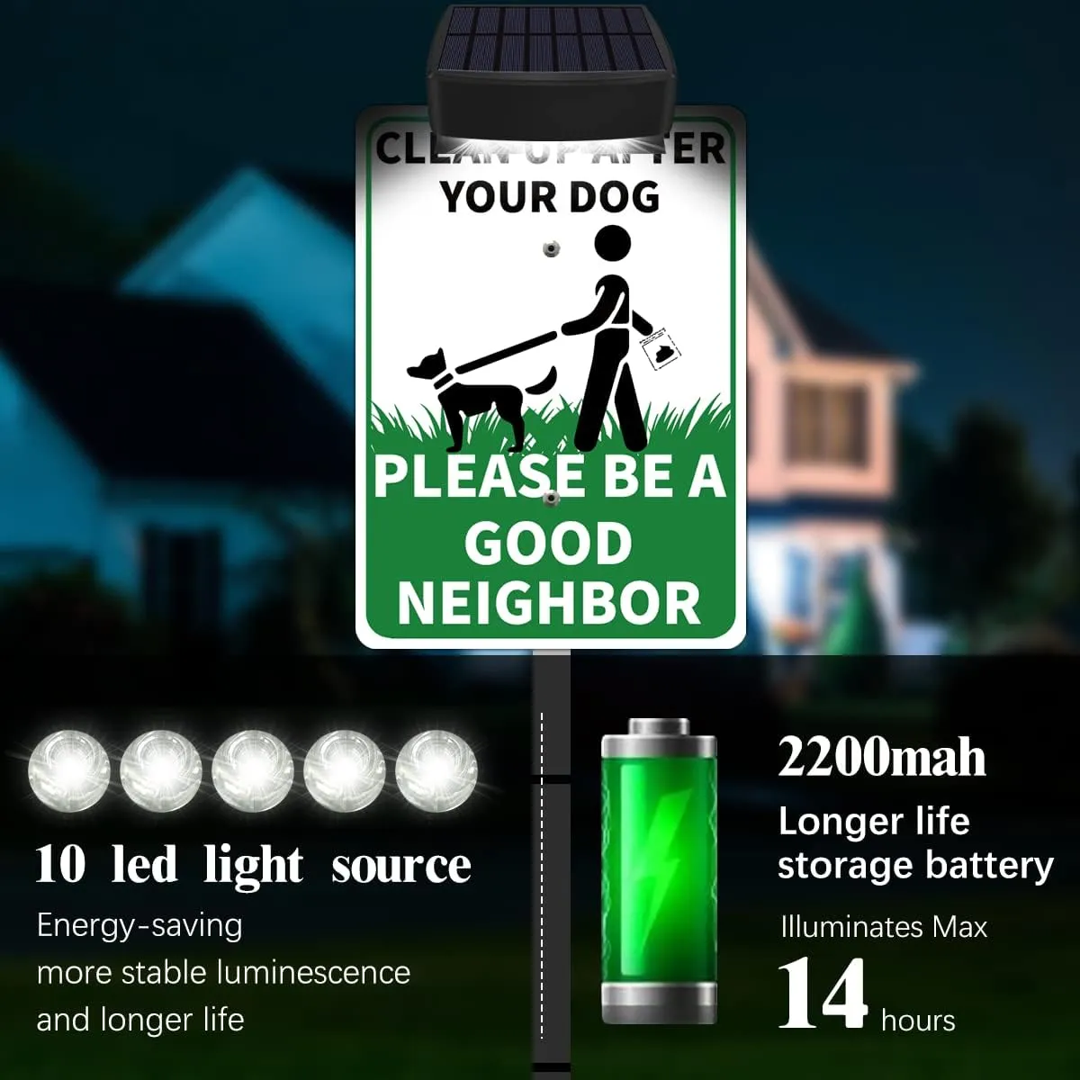 CLEAN UP AFTER YOUR PET Yard Warning Sign Solar Powered, Rechargeable LED Illuminated Aluminum Sign with Stake, Reflective Outside Sign Light Up For Houses