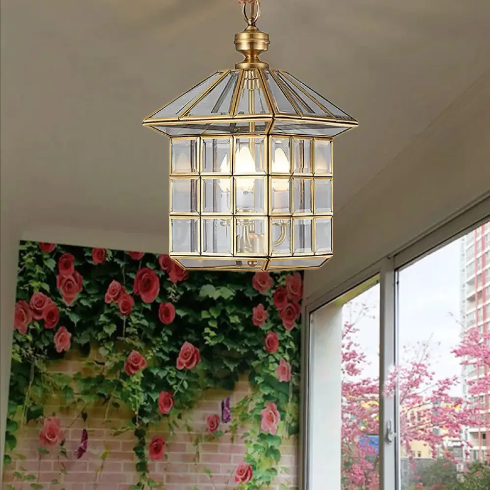 Clear Glass Colonial Yard Chandelier Light - 10"/12" W Lantern Pendant Lamp with 3 Bulbs