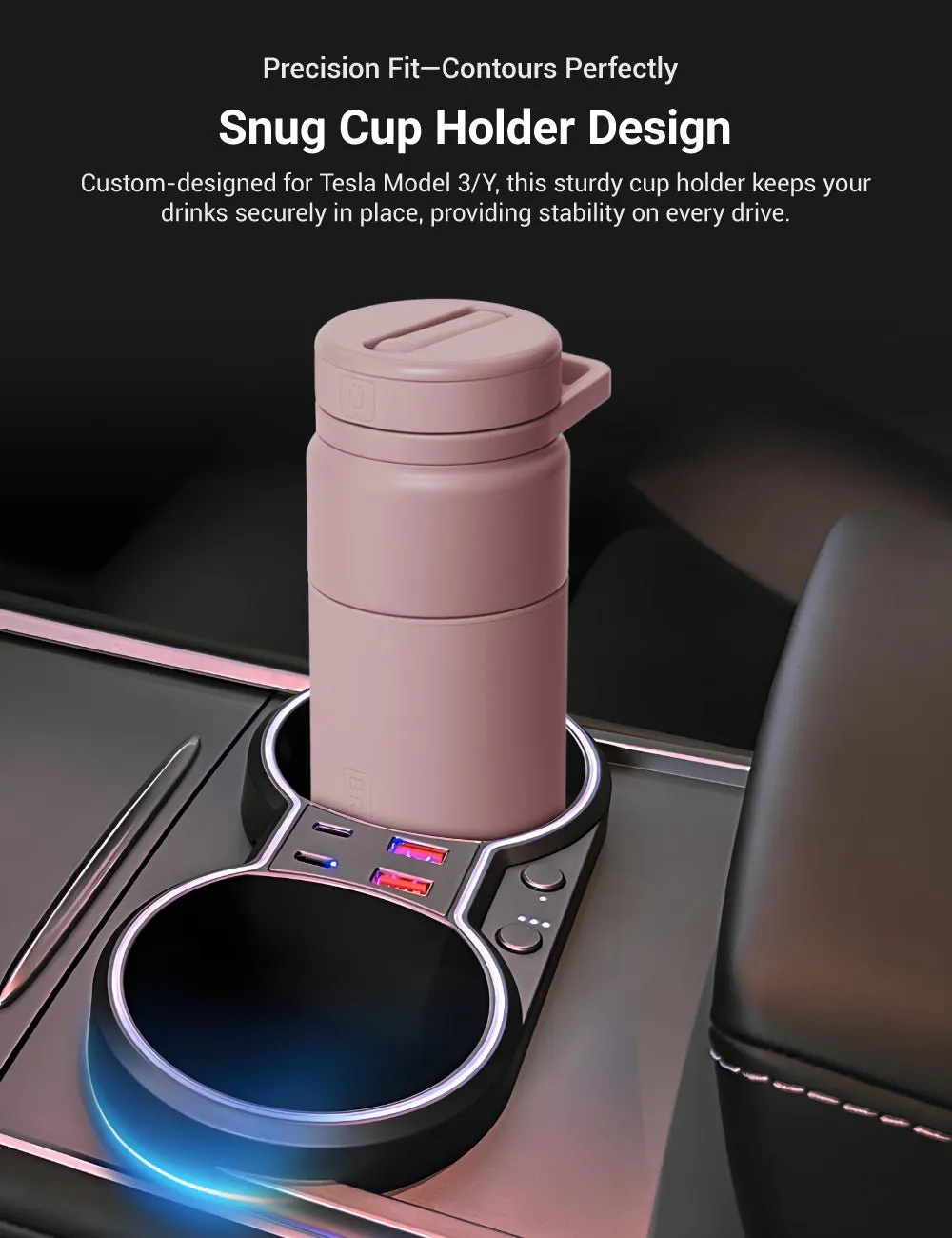 Console Cup Holder Expansion Dock with Lighting for Tesla Model 3/Y