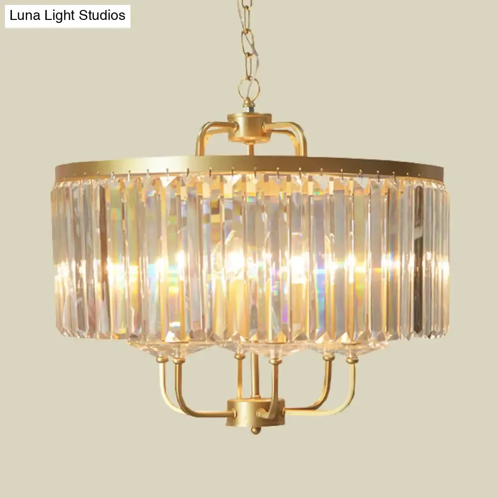 Contemporary Gold Drum Crystal Block Chandelier - 6-Head Ceiling Lighting Fixture for Guest Room