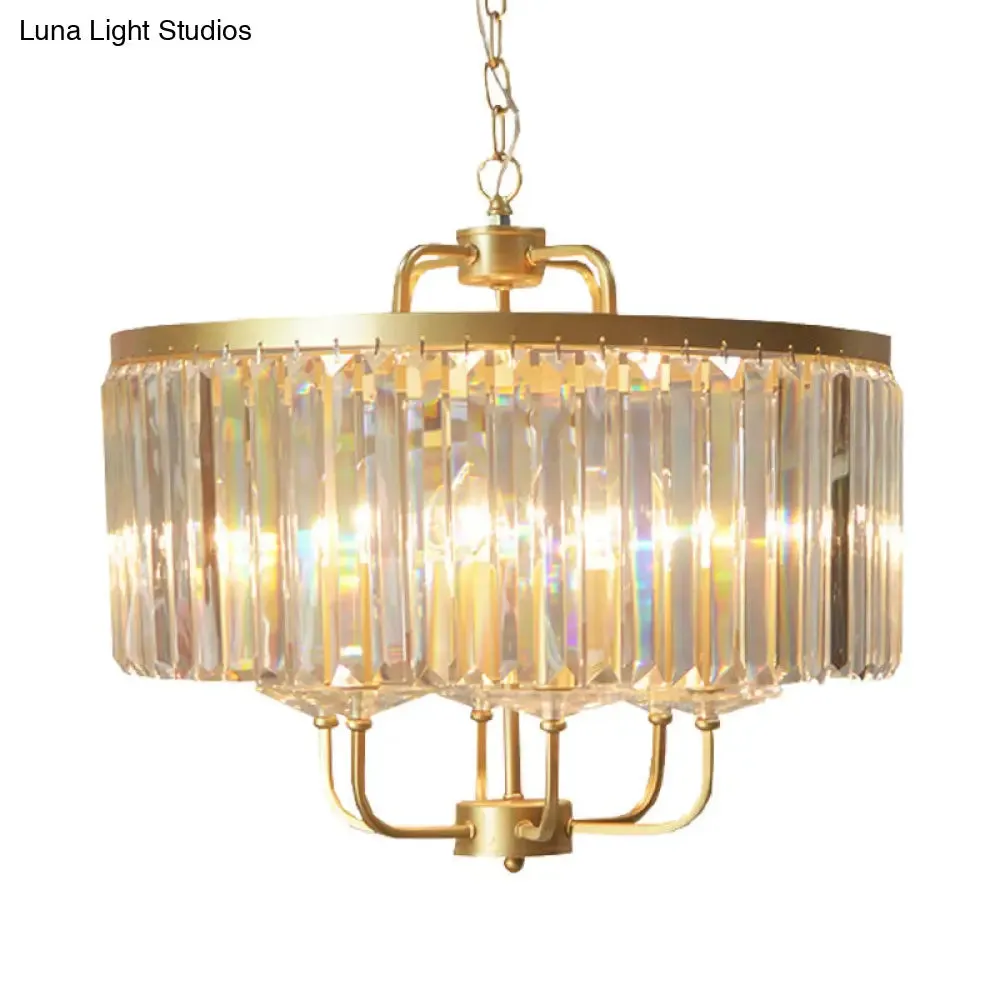 Contemporary Gold Drum Crystal Block Chandelier - 6-Head Ceiling Lighting Fixture for Guest Room