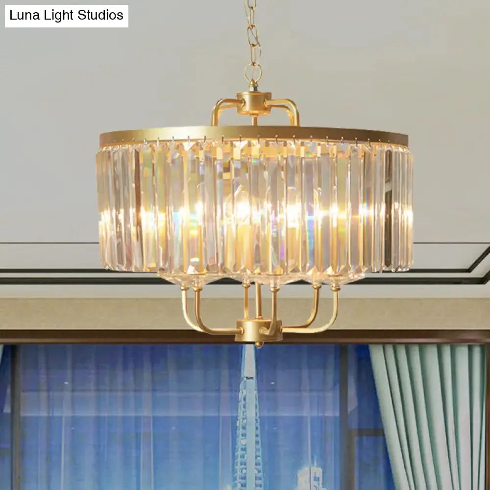 Contemporary Gold Drum Crystal Block Chandelier - 6-Head Ceiling Lighting Fixture for Guest Room