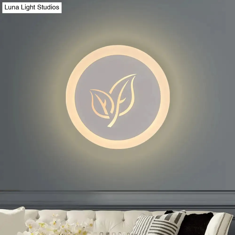 Contemporary LED Flush Wall Sconce in White with Leaf Pattern - Modern Circle Design