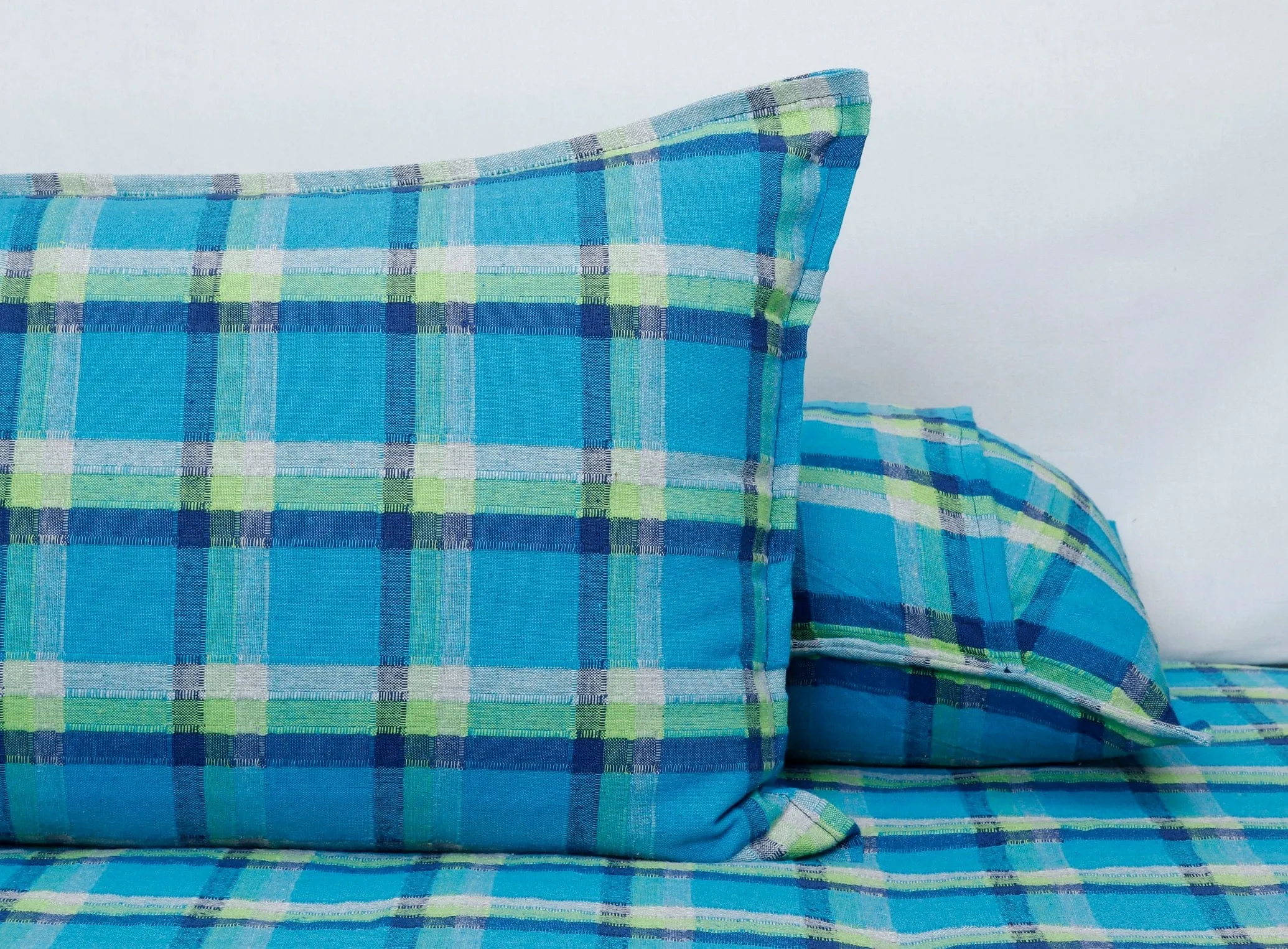 Cotton Dobby Checkered Bedsheet with Pillow Covers (Blue) - available sizes, Single, Double/Queen, King and Super King