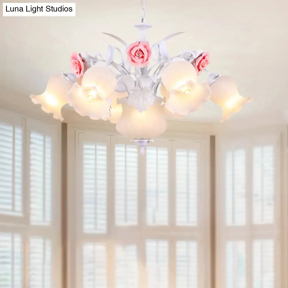 Countryside Blossom Chandelier - 8 Head White Glass Pendant Ceiling Light for Dining Room