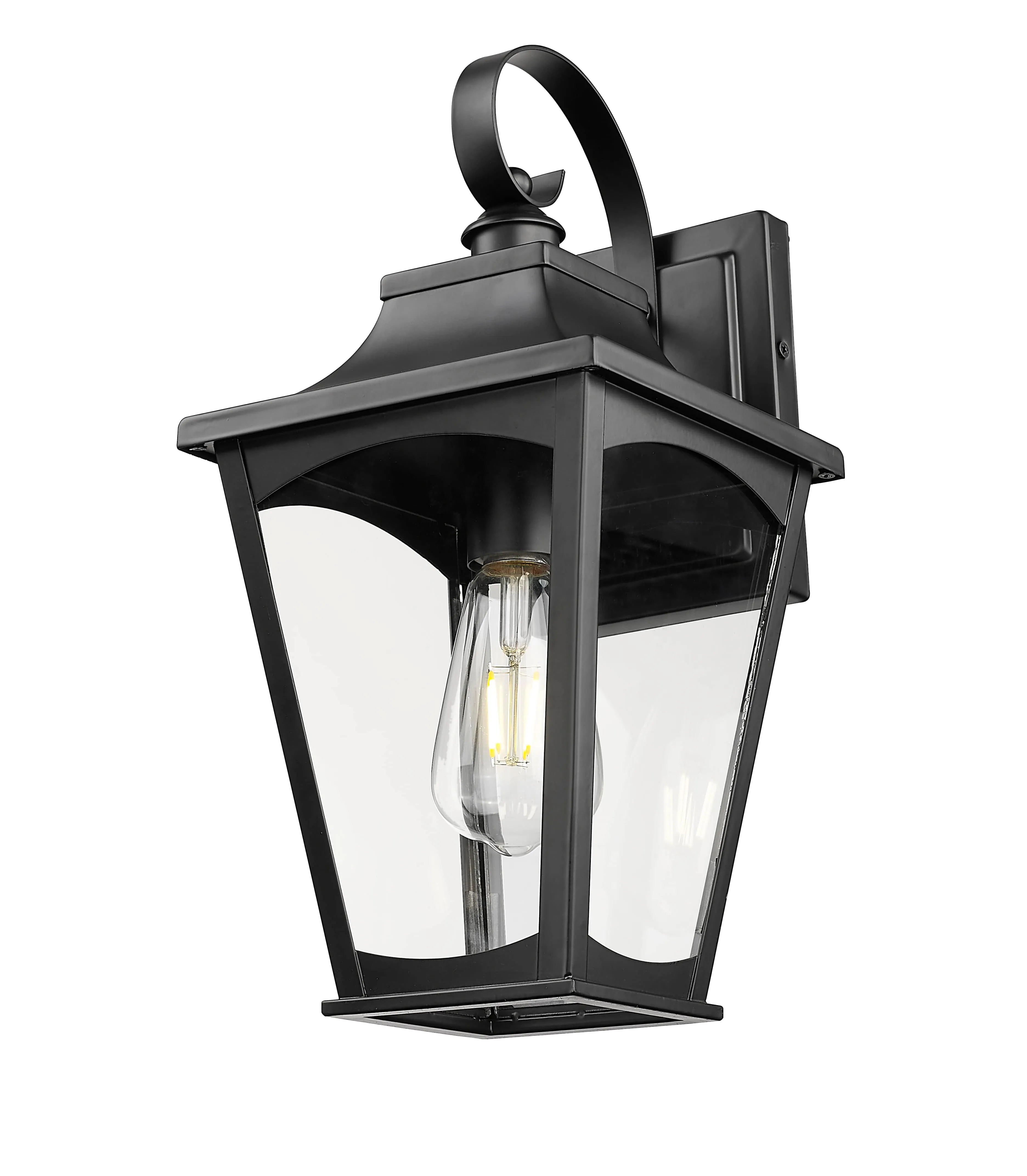 Curry Outdoor Wall Sconce - Powder Coated Black - Clear Glass - 8.5in. Extension - E26 Medium Base