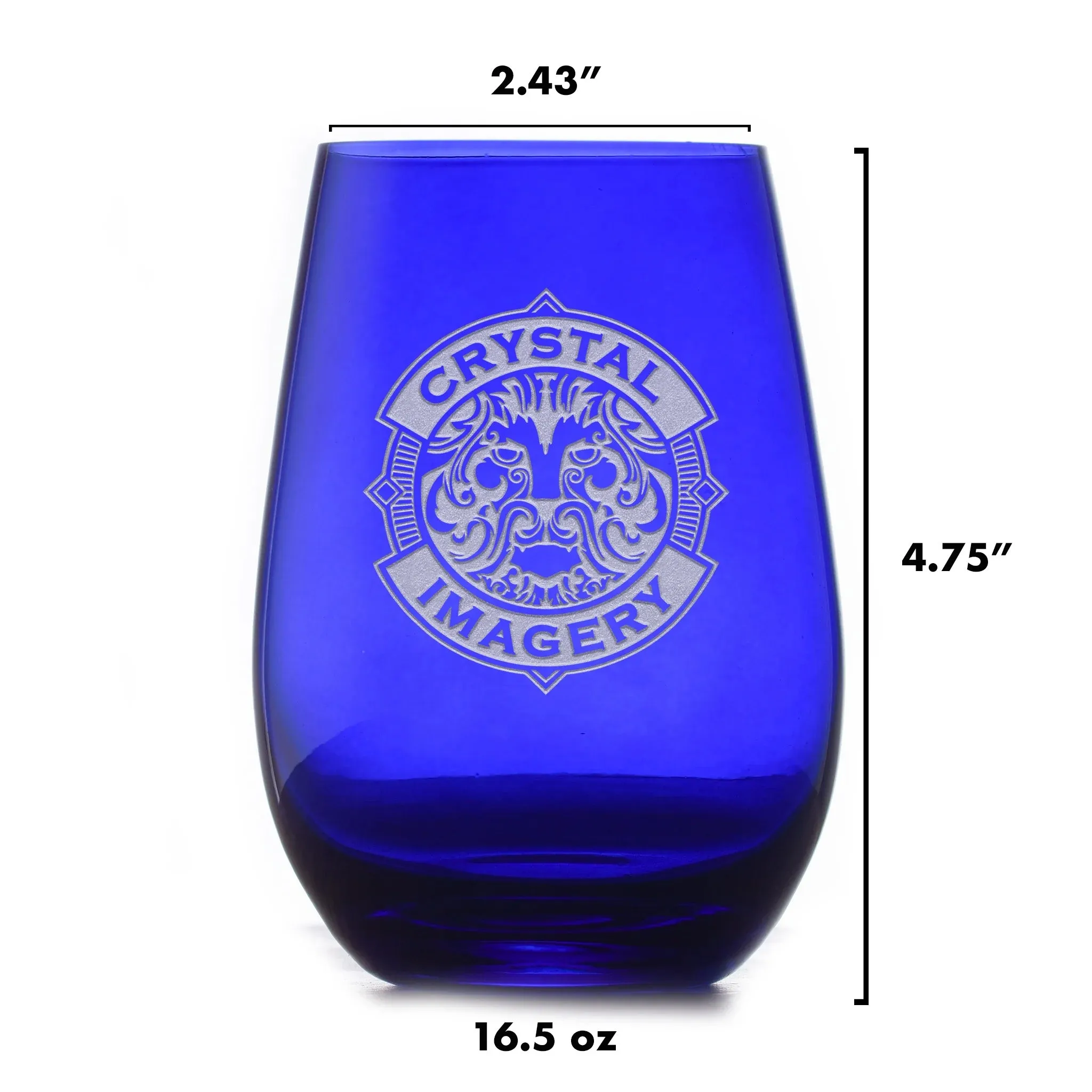 Custom Etched Blue Stemless Wine Glass Tumbler | Crystal Imagery