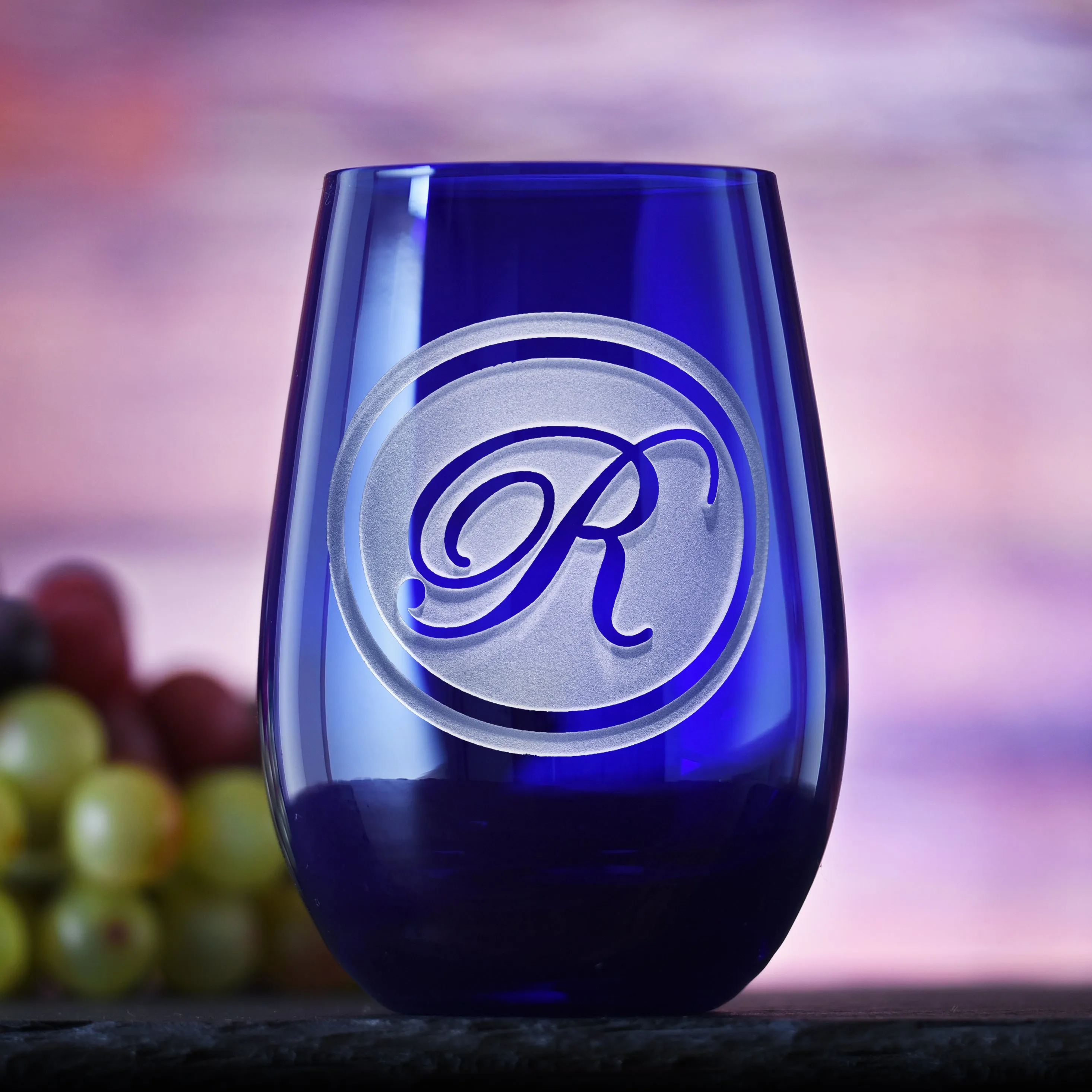 Custom Etched Blue Stemless Wine Glass Tumbler | Crystal Imagery