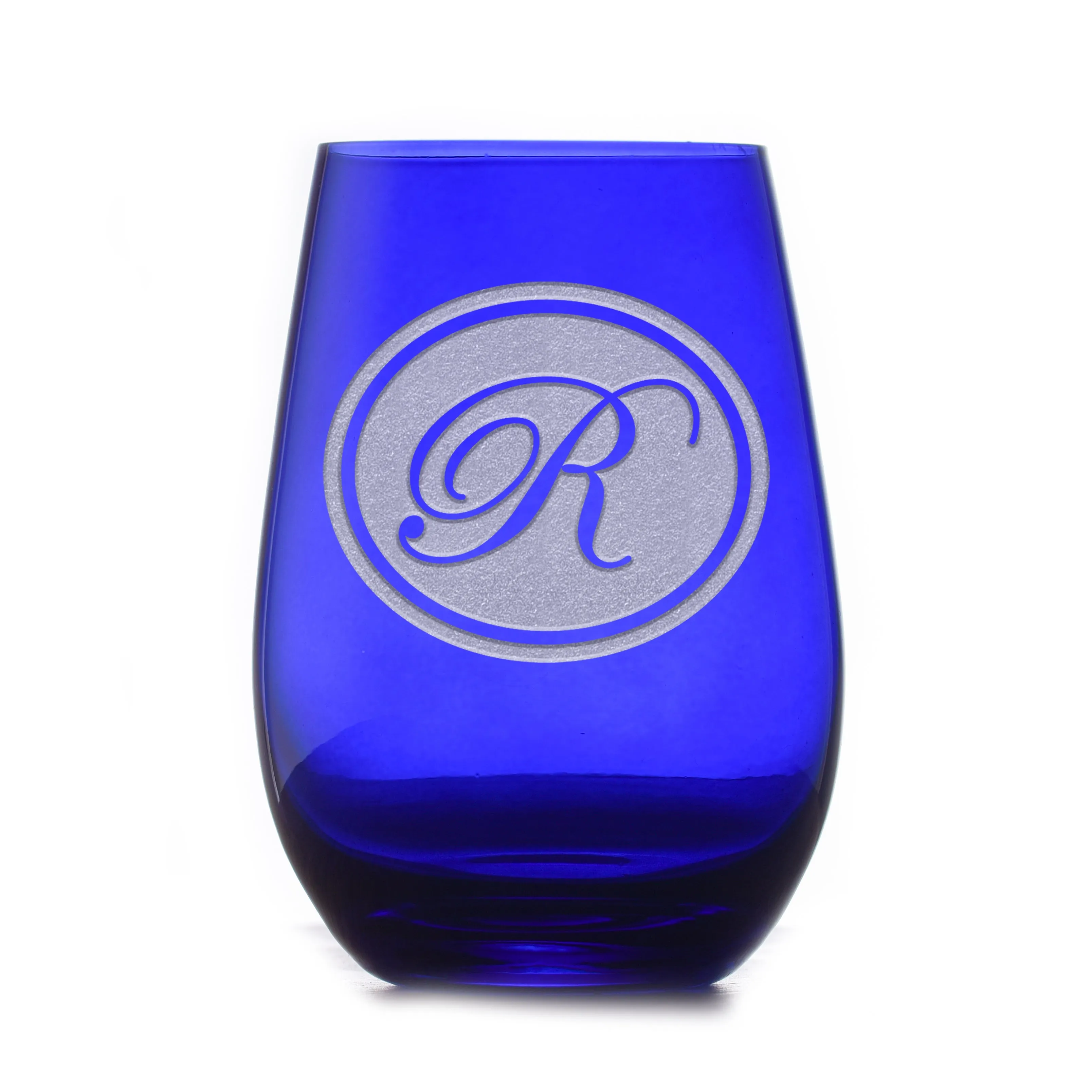 Custom Etched Blue Stemless Wine Glass Tumbler | Crystal Imagery