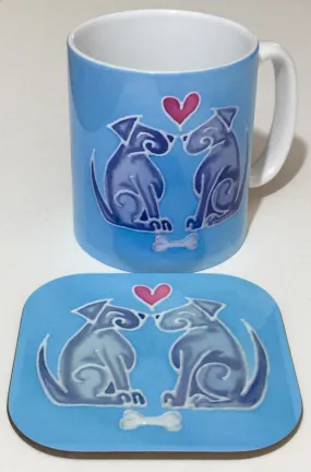 Cute Dogs Mug and Coaster - Mug Box Set - Turquoise Blue Mug Set - Dog Lovers Gift