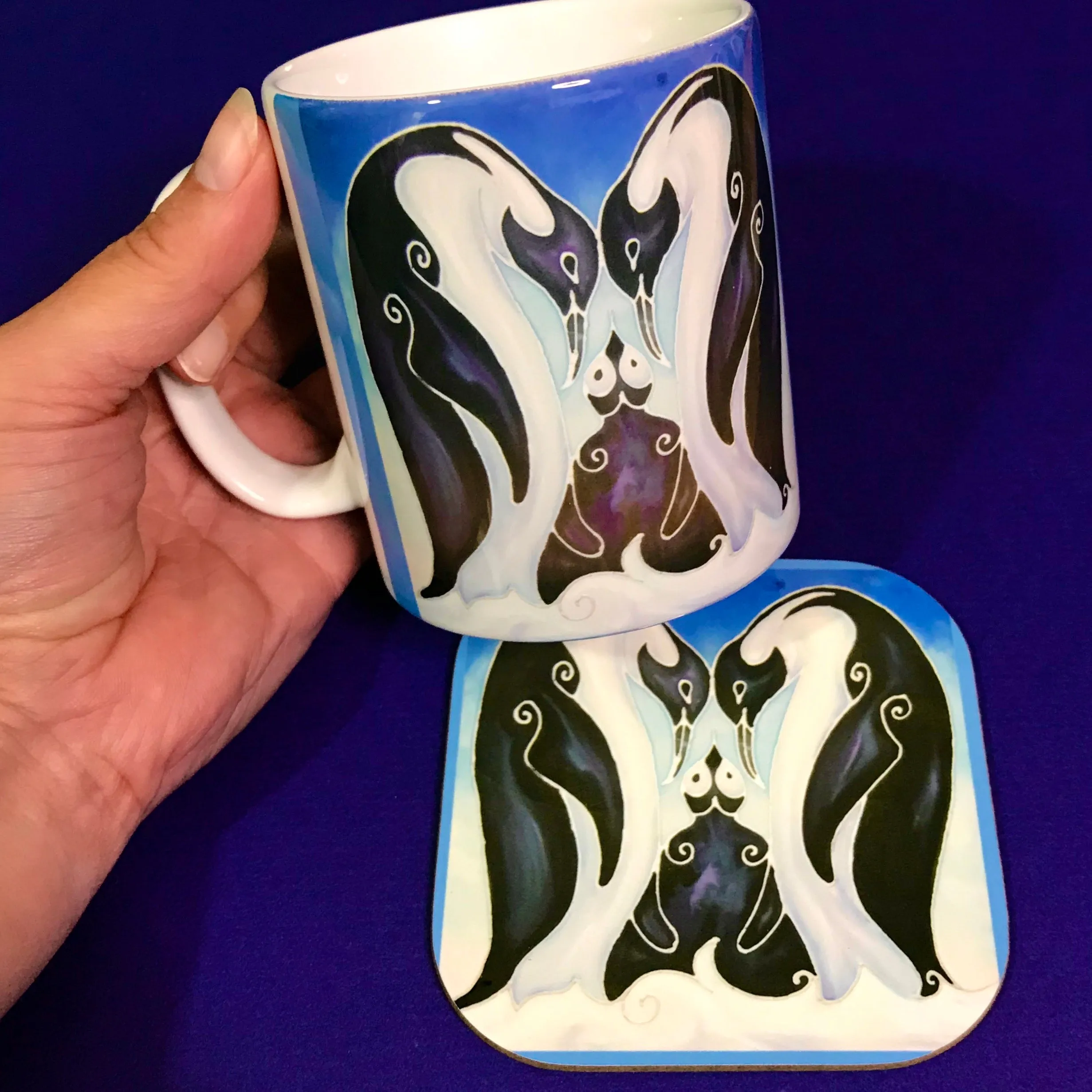 Cute Ice Blue Penguin Family Mug and Coaster Box Set - Penguin Box Set - Blue Penguin Gift