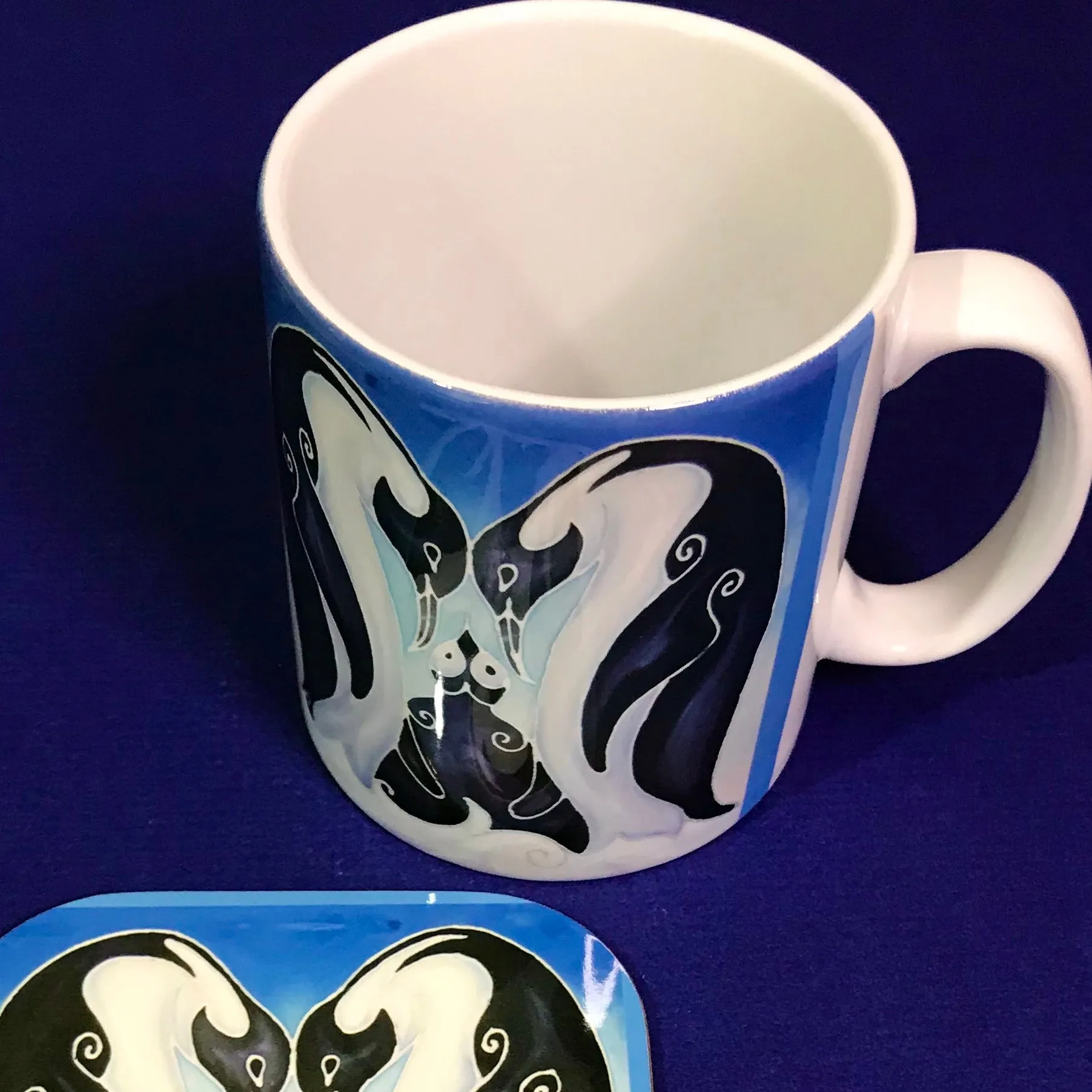 Cute Ice Blue Penguin Family Mug and Coaster Box Set - Penguin Box Set - Blue Penguin Gift