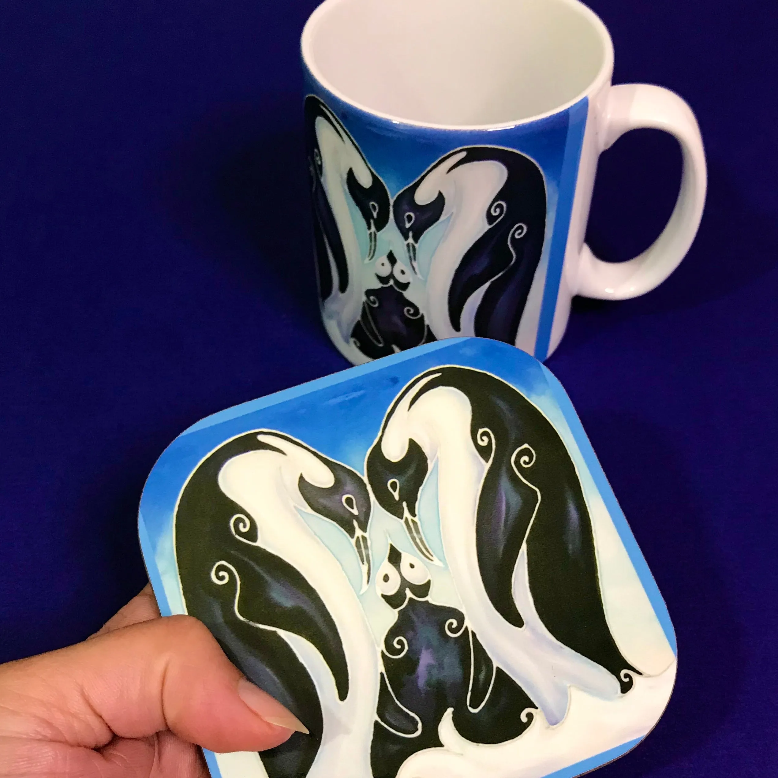 Cute Ice Blue Penguin Family Mug and Coaster Box Set - Penguin Box Set - Blue Penguin Gift