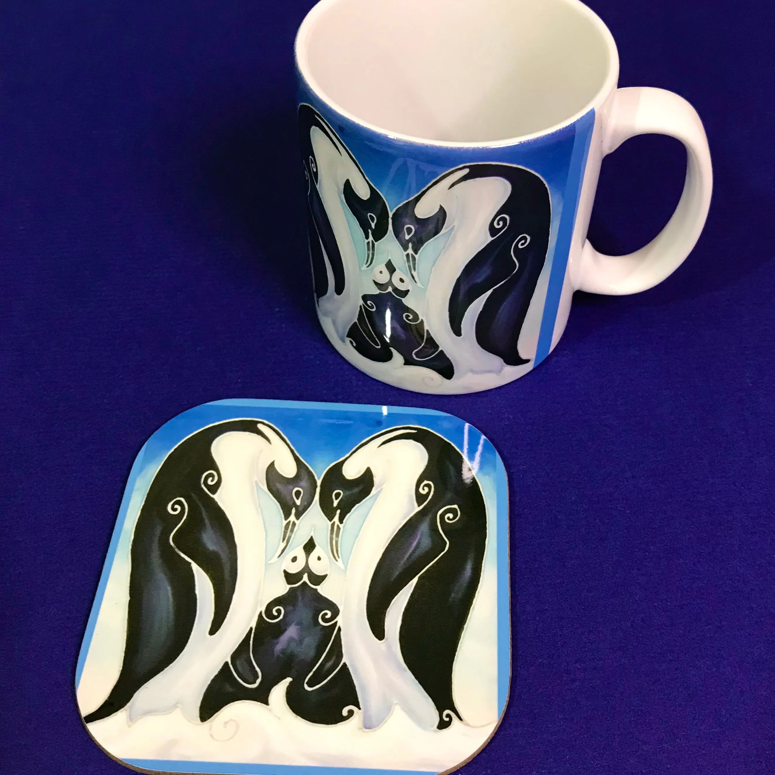 Cute Ice Blue Penguin Family Mug and Coaster Box Set - Penguin Box Set - Blue Penguin Gift