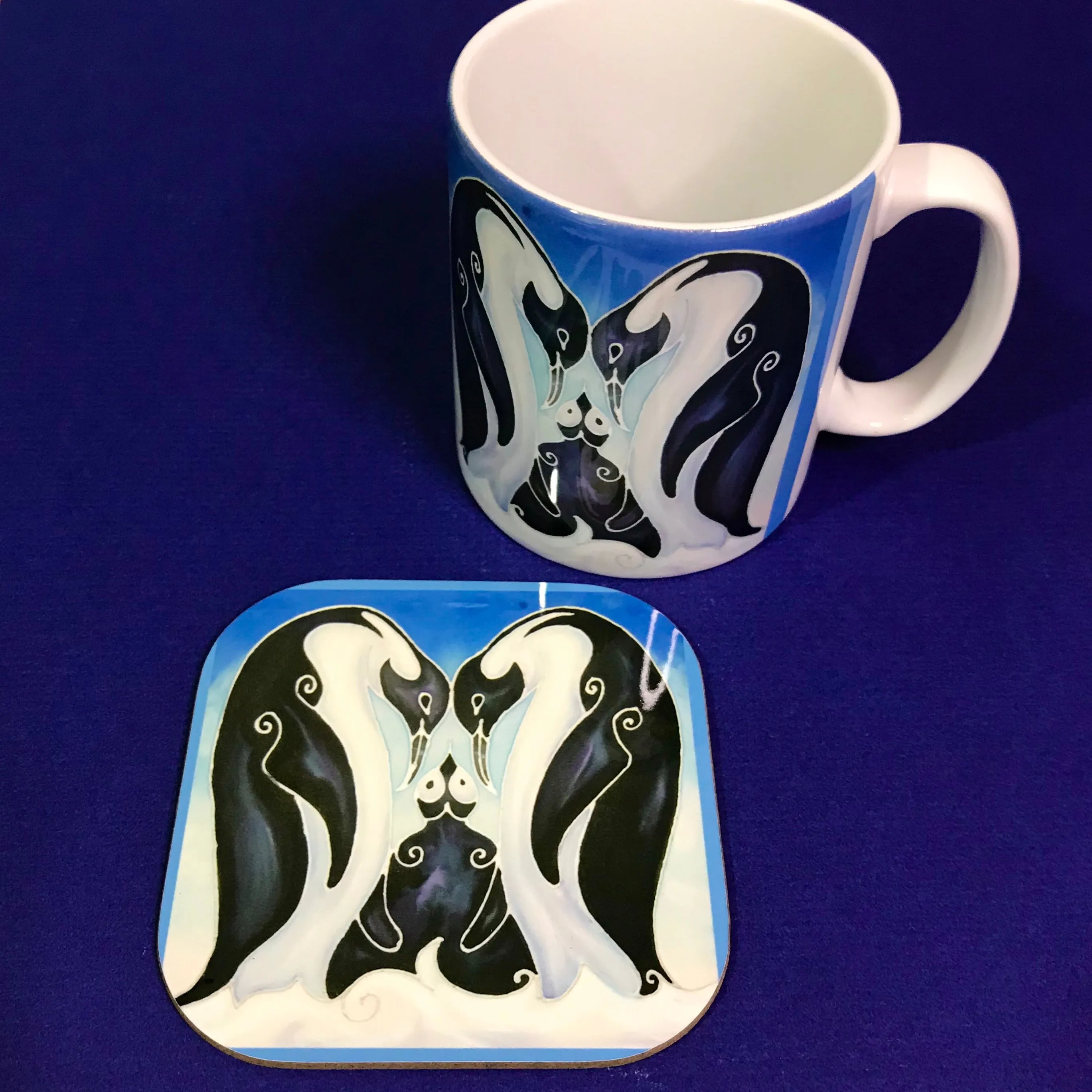 Cute Ice Blue Penguin Family Mug and Coaster Box Set - Penguin Box Set - Blue Penguin Gift