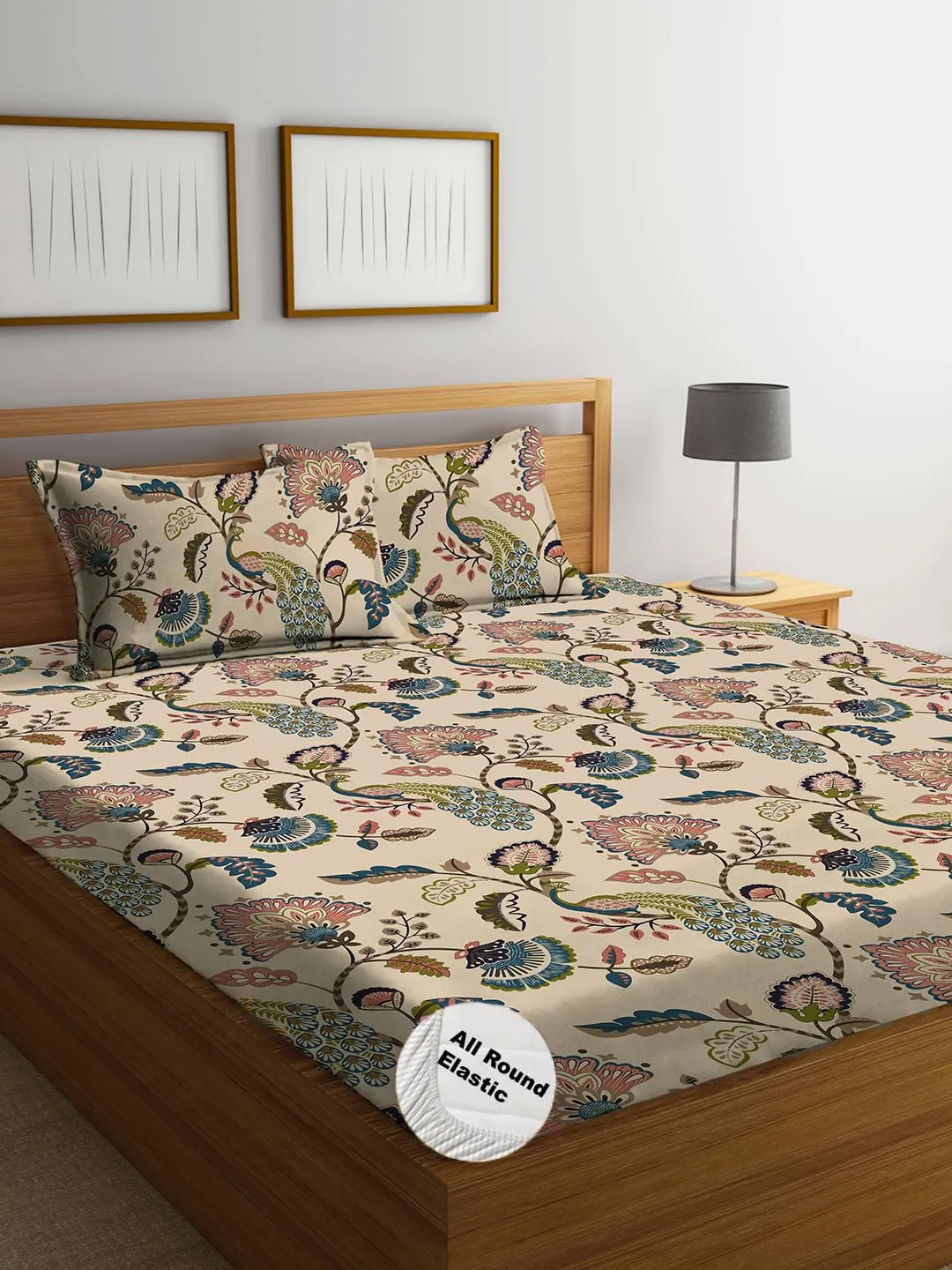 DECOMIZER Cotton Feel Glace Cotton Elastic Fitted Printed King Size Double Bed Bedsheet with 2 Pillow Coverm Fits Upto 8 inches Mattress,Size- 72x78x10 Inches,Beige Anokhi