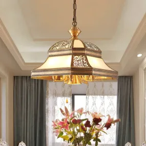 Dining Room Colonial Chandelier - Bell Mouth Blown Opal Glass, 5 Heads, Gold Hanging Light Fixture