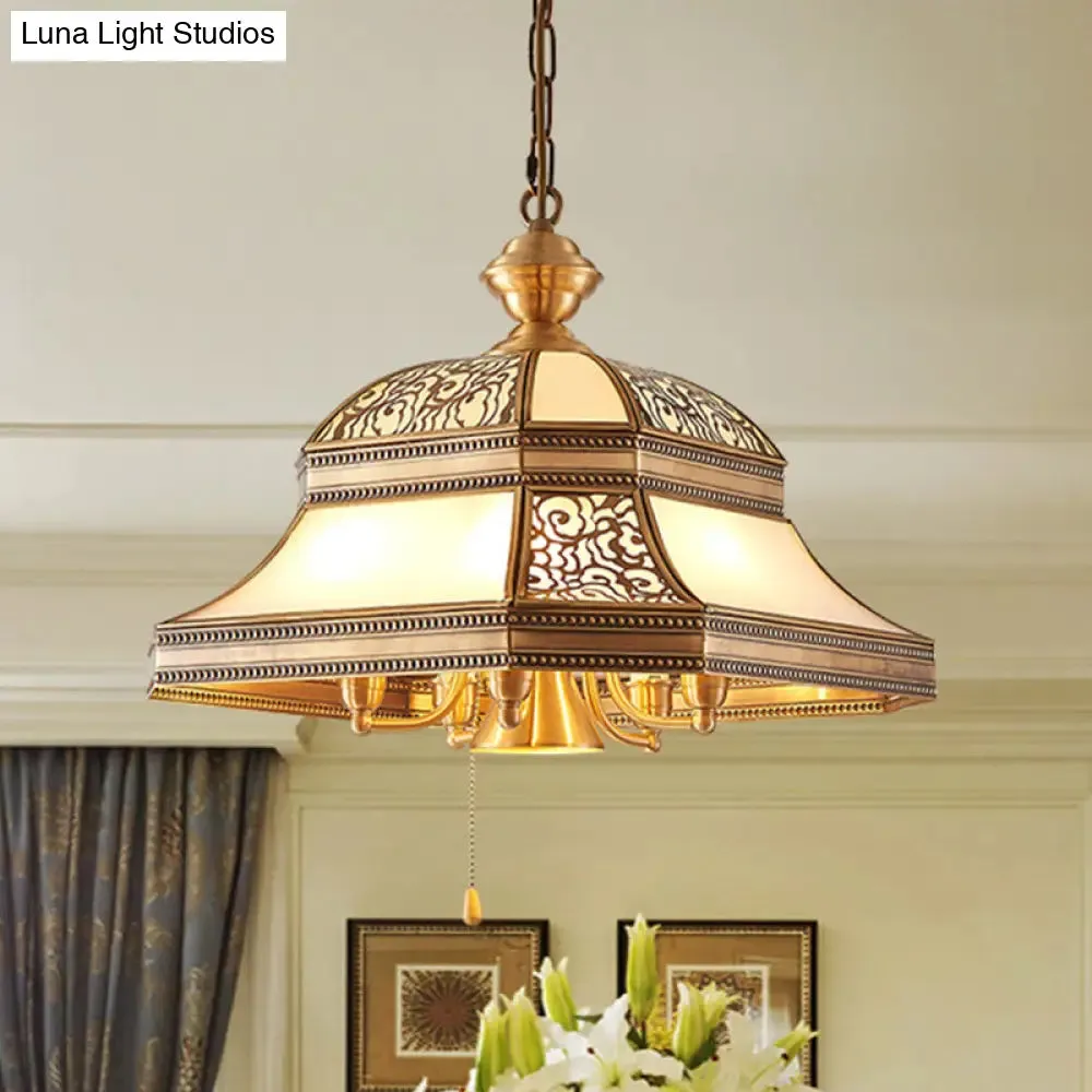 Dining Room Colonial Chandelier - Bell Mouth Blown Opal Glass, 5 Heads, Gold Hanging Light Fixture