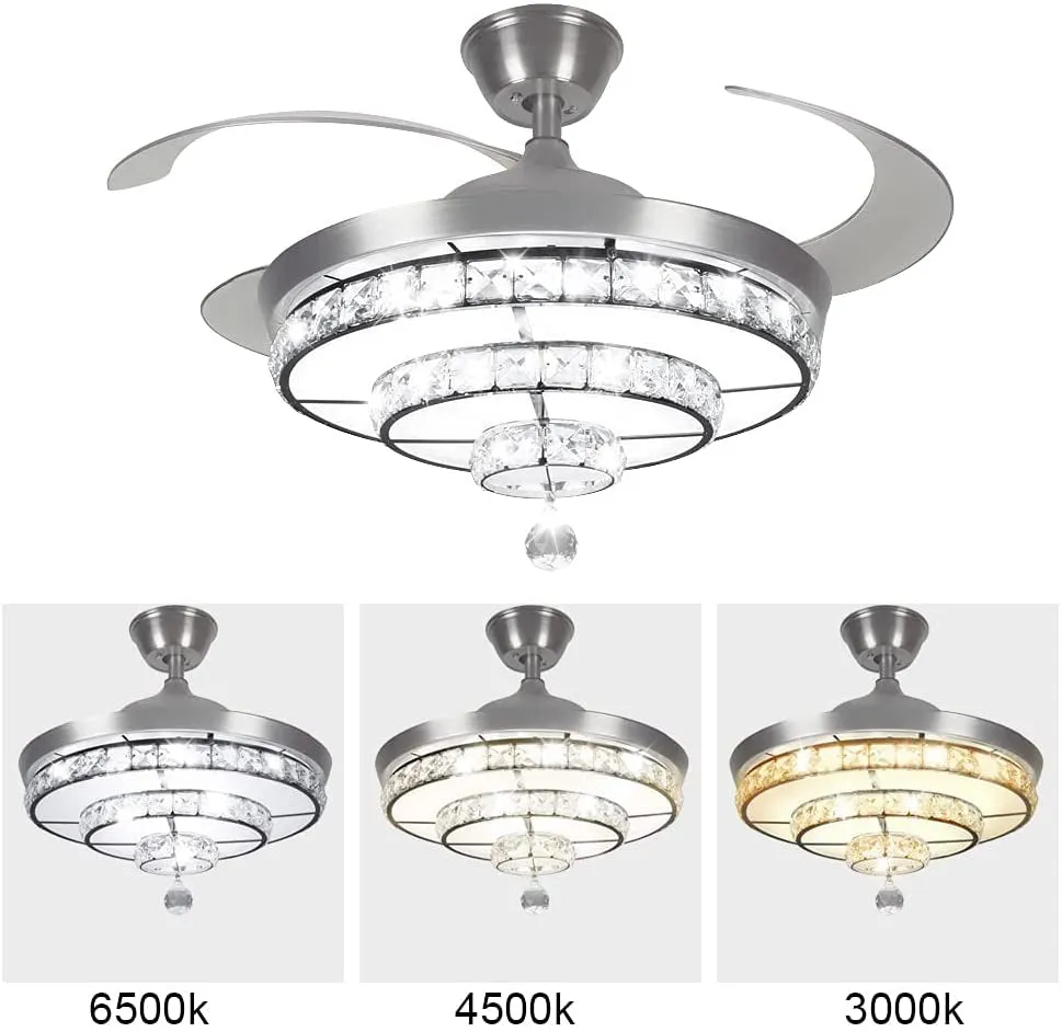 DLLT 42'' Crystal Ceiling Fan with Light, 36W Modern Ceiling Fan Remote, 3-Blade Retractable Led Fan Chandelier Indoor for Living Room, Bedroom, Dining Room, Color Changeable 3000K-6000K Nickel