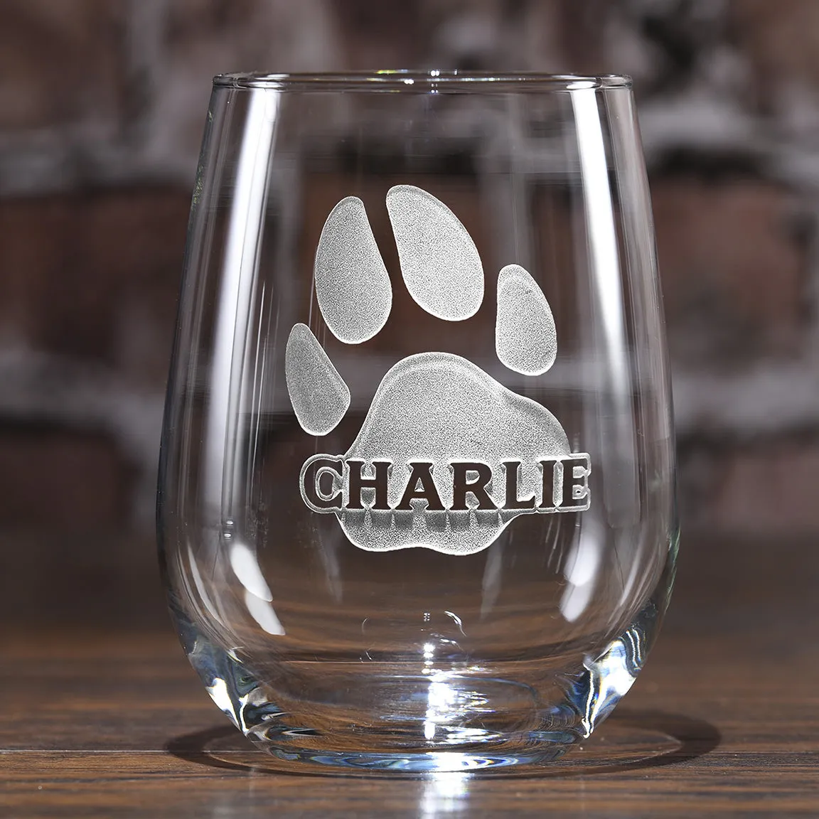 Dog's Name, Paw Print Engraved Stemless Wine Glass Gift for Pet Lovers