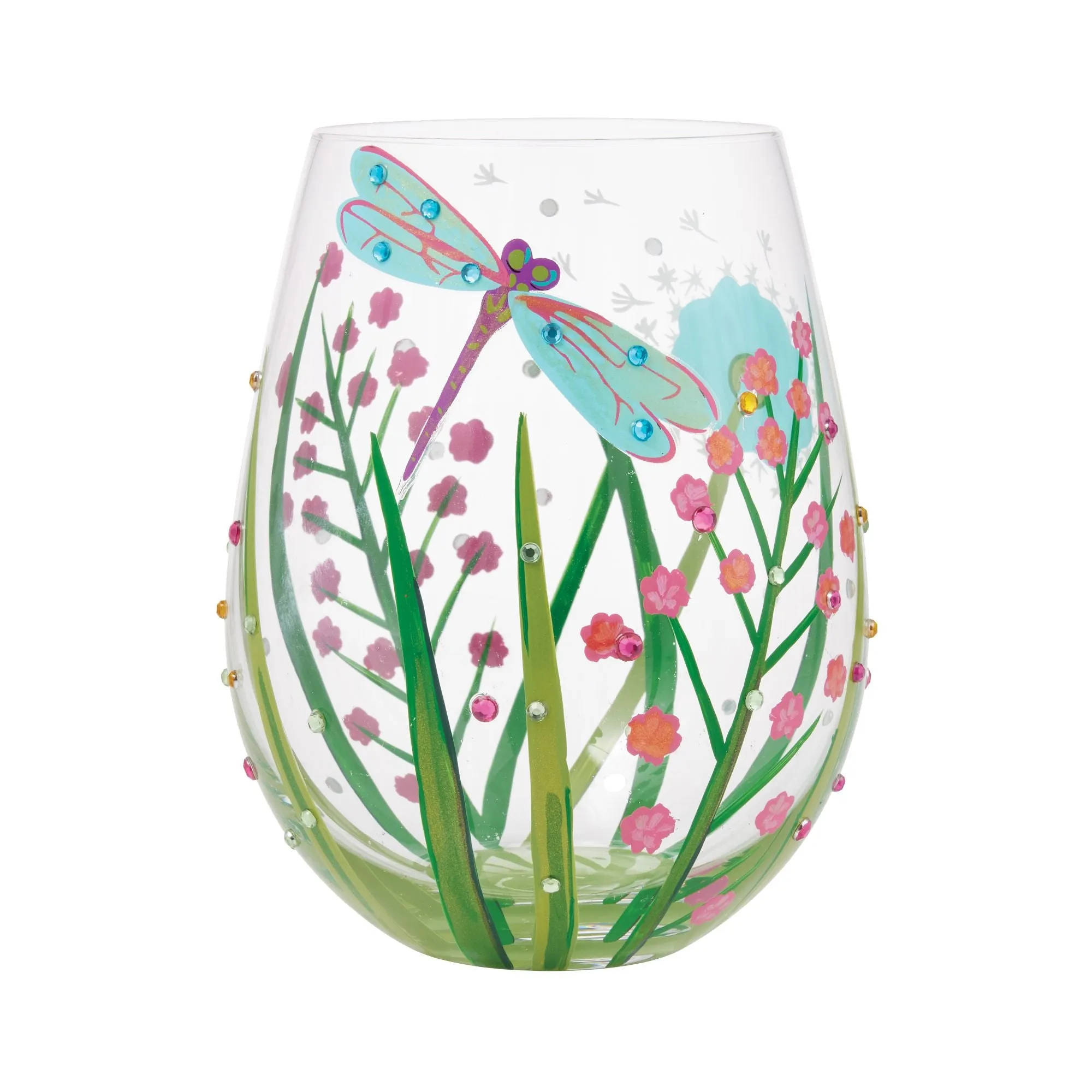 Dragonfly Hand painted Stemless Wine Glass, 20 oz.