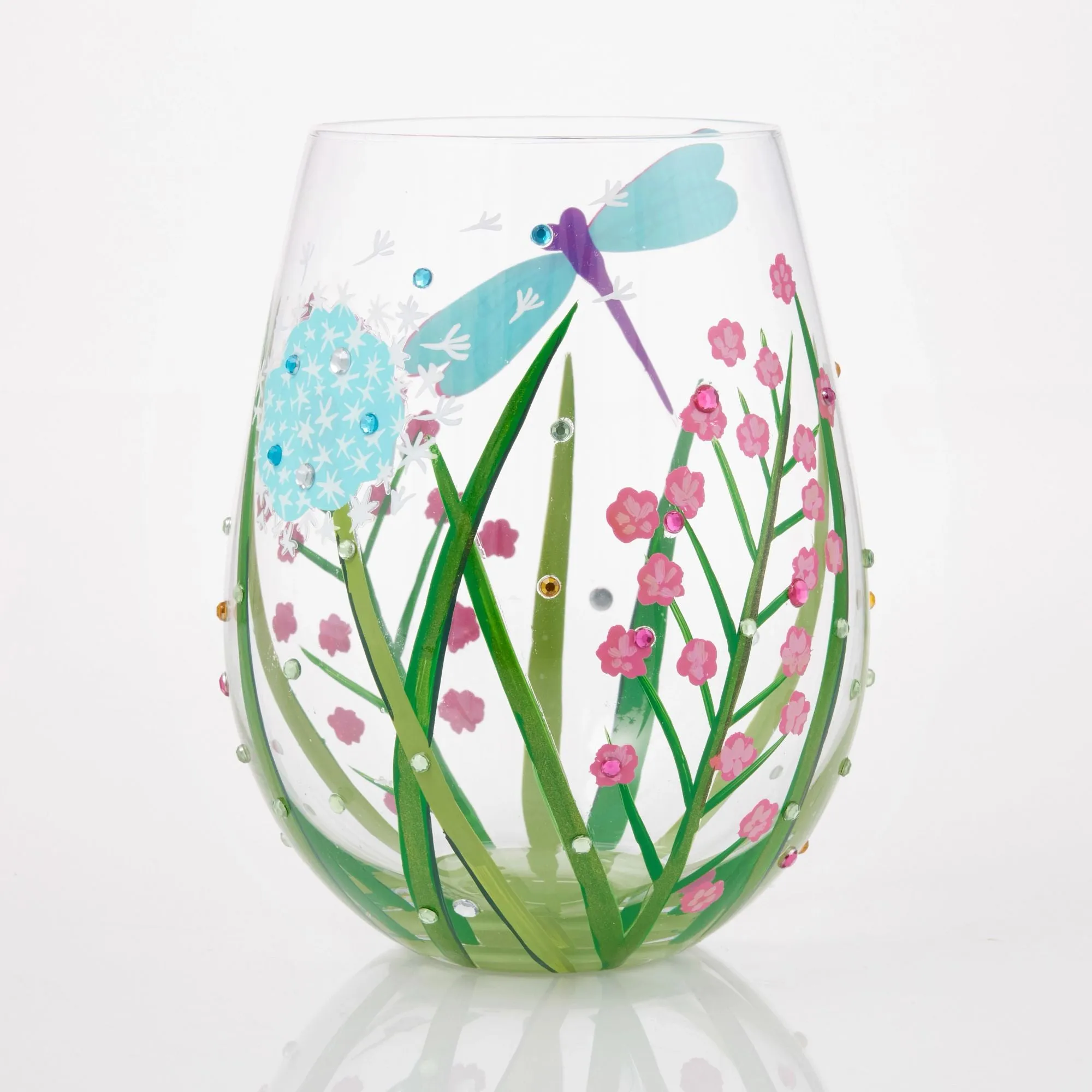 Dragonfly Hand painted Stemless Wine Glass, 20 oz.