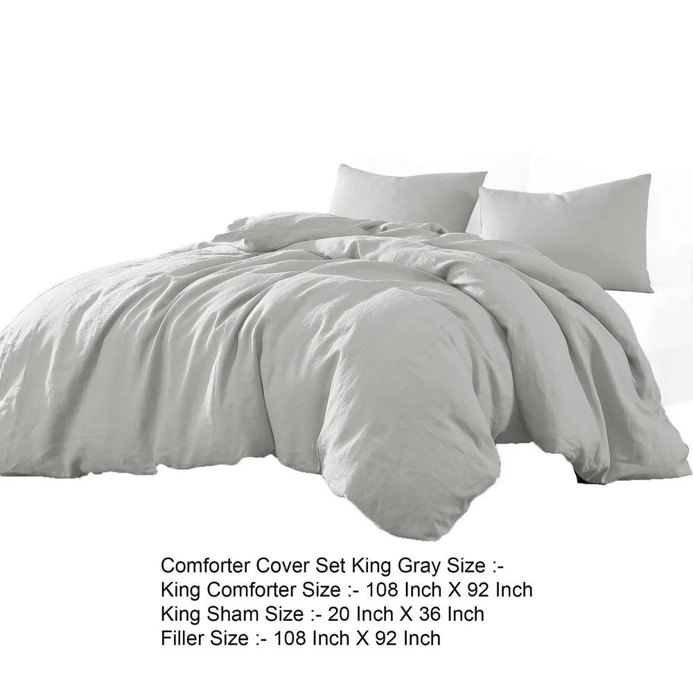 Edge 4 Piece King Size Duvet Comforter Set, Washed Linen, Cotton, Soft Gray By Casagear Home