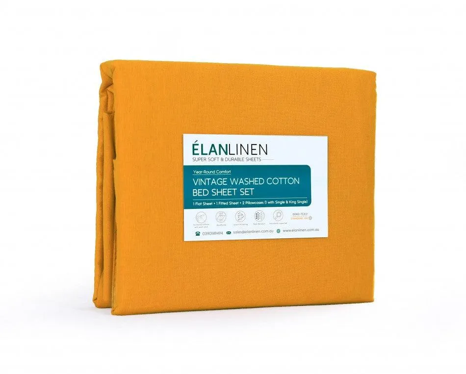 Elan Linen 100% Egyptian Cotton Vintage Washed 500TC Mustard 50 cm Deep Mega King Bed Sheets Set