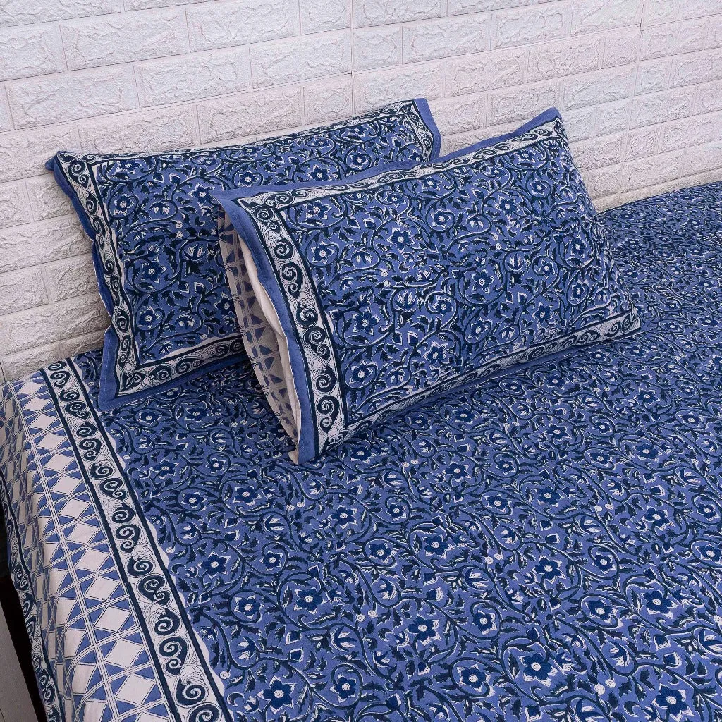 Electric Blue Floral Print Blockprint Bedsheet