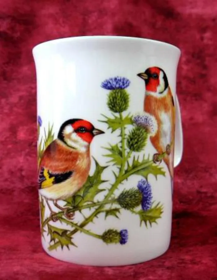 English Goldfinch Mug Birds English Bone China Purple Thistles 1990s