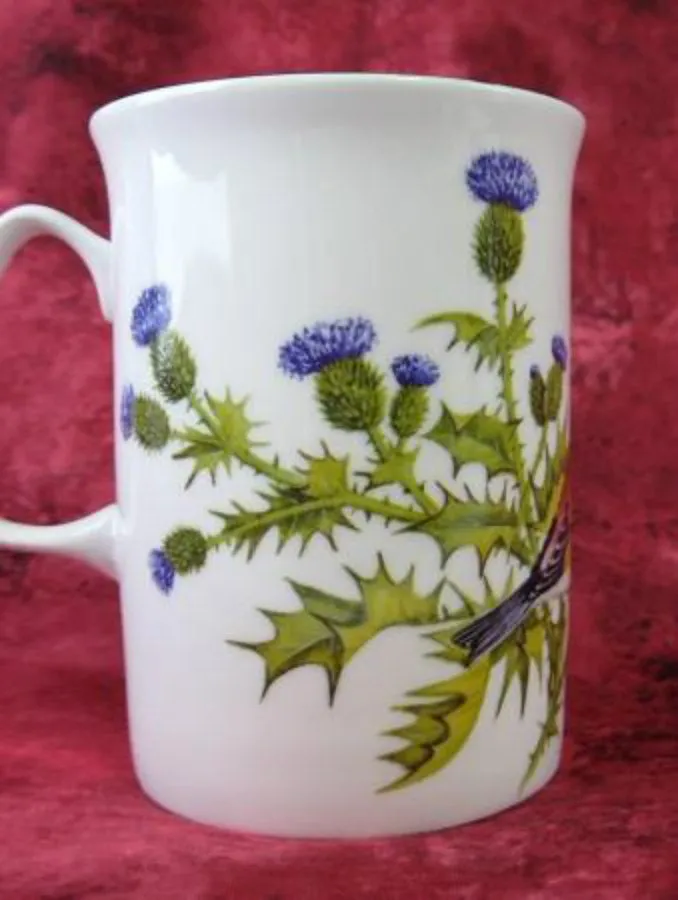 English Goldfinch Mug Birds English Bone China Purple Thistles 1990s