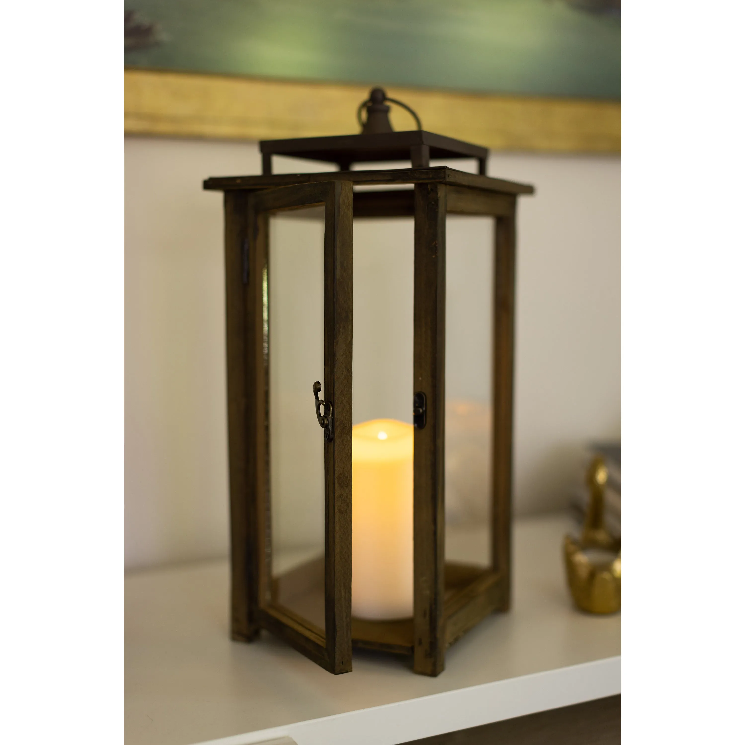 Extra Large Rustic Wood Lantern - 18 Inch Hurricane Candle Lantern (WS)