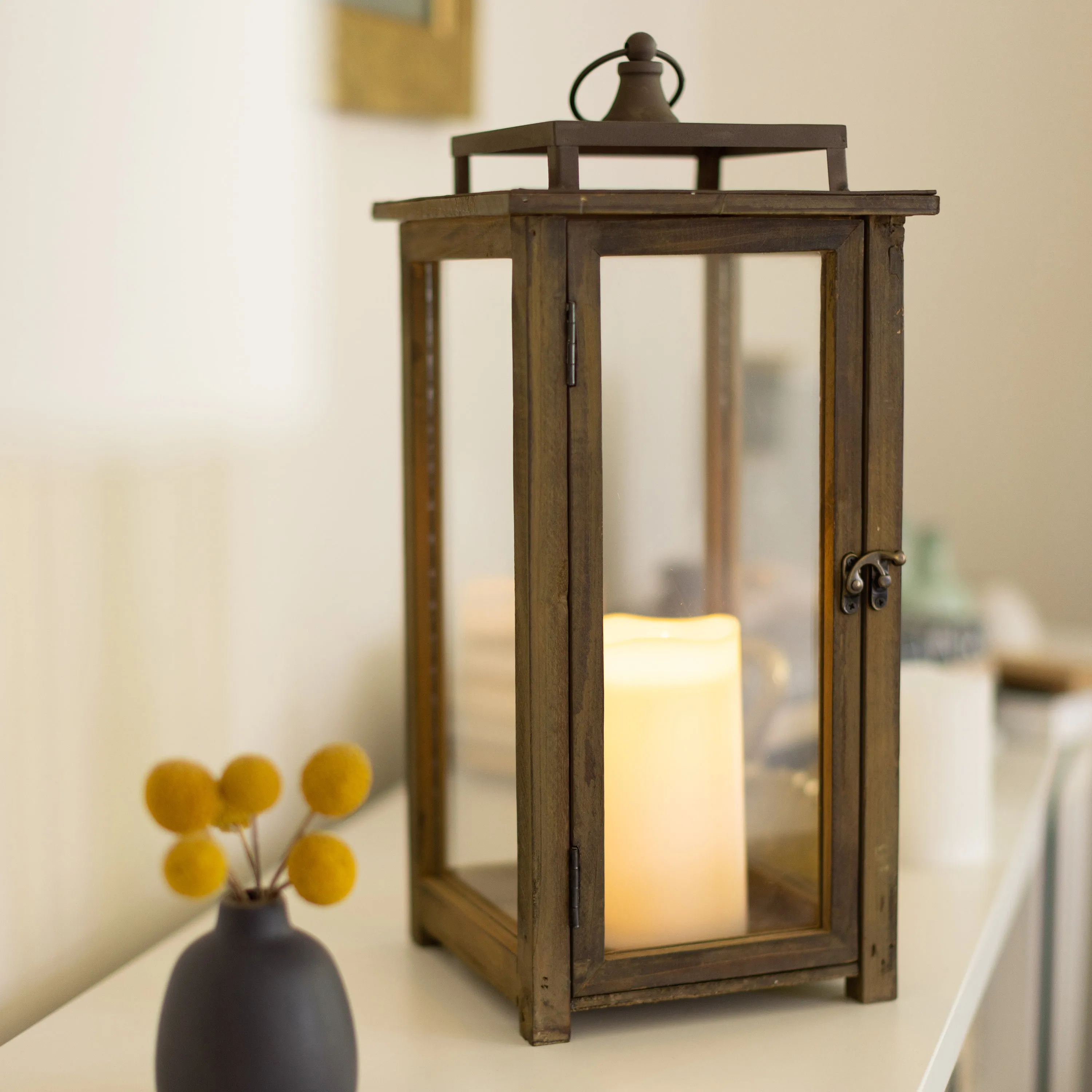 Extra Large Rustic Wood Lantern - 18 Inch Hurricane Candle Lantern (WS)