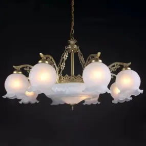 Farmhouse Bronze Chandelier with 11 Ruffled Down Bulbs and White Glass Ceiling Light