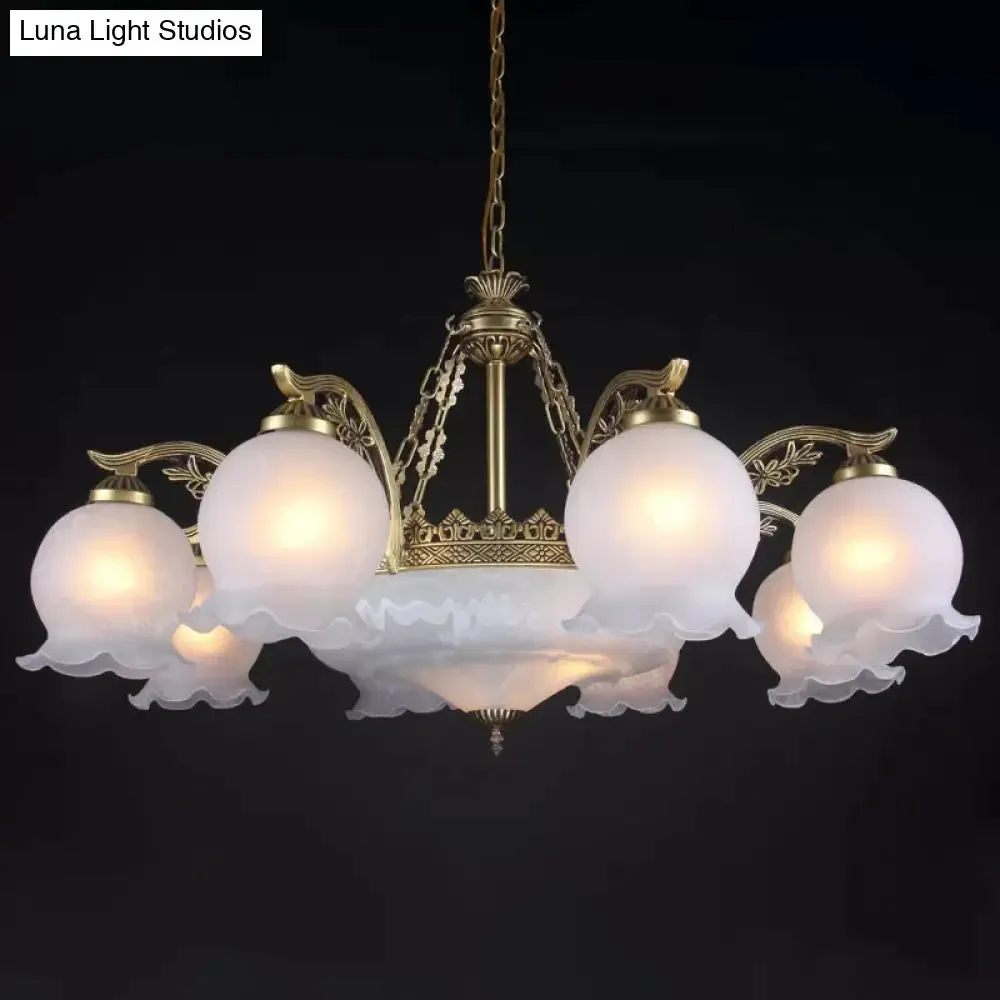 Farmhouse Bronze Chandelier with 11 Ruffled Down Bulbs and White Glass Ceiling Light