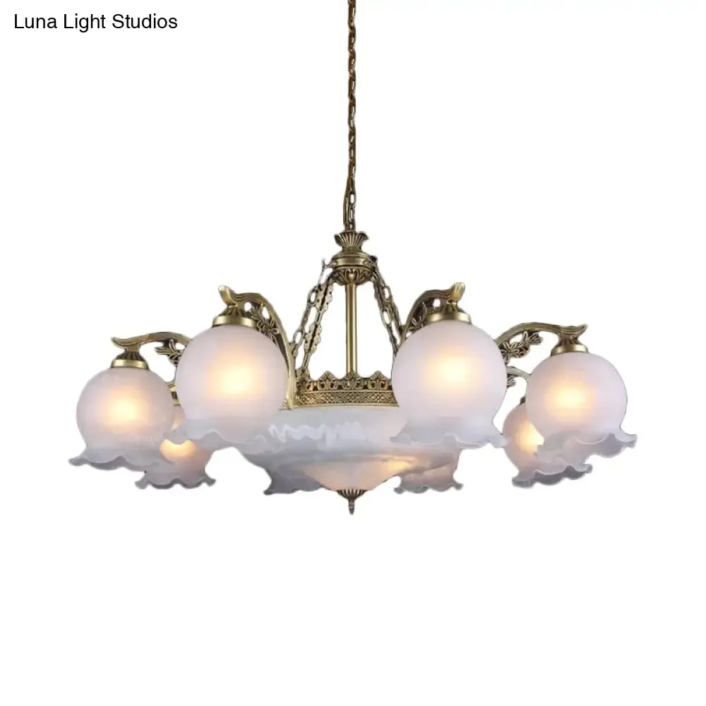 Farmhouse Bronze Chandelier with 11 Ruffled Down Bulbs and White Glass Ceiling Light