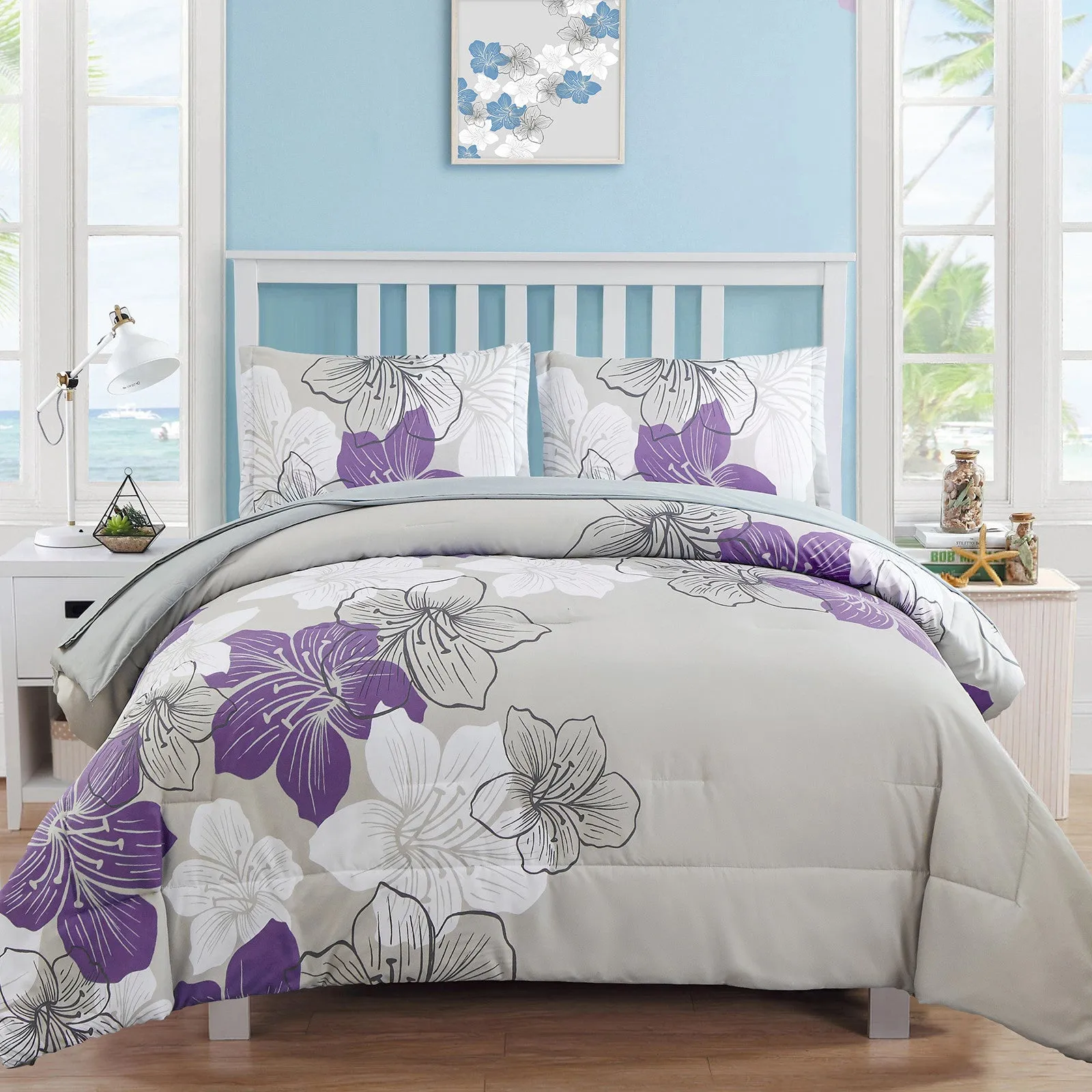 Floral Comforter Set, King Size, Purple Floral 3-Piece Bedding, Lightweight Microfiber