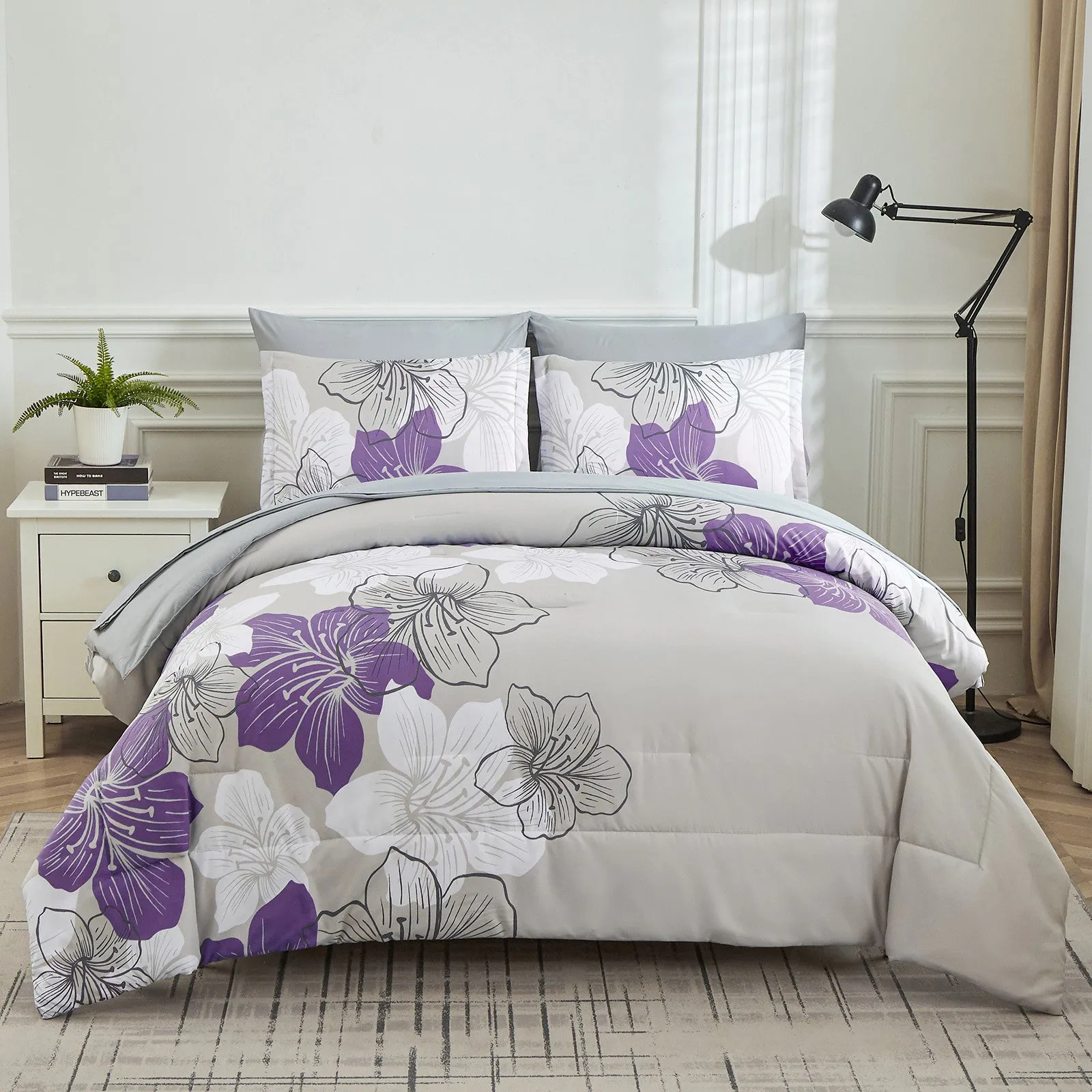 Floral Comforter Set, King Size, Purple Floral 3-Piece Bedding, Lightweight Microfiber