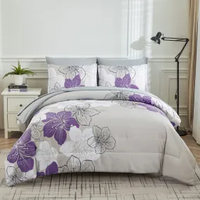 Floral Comforter Set, King Size, Purple Floral 3-Piece Bedding, Lightweight Microfiber