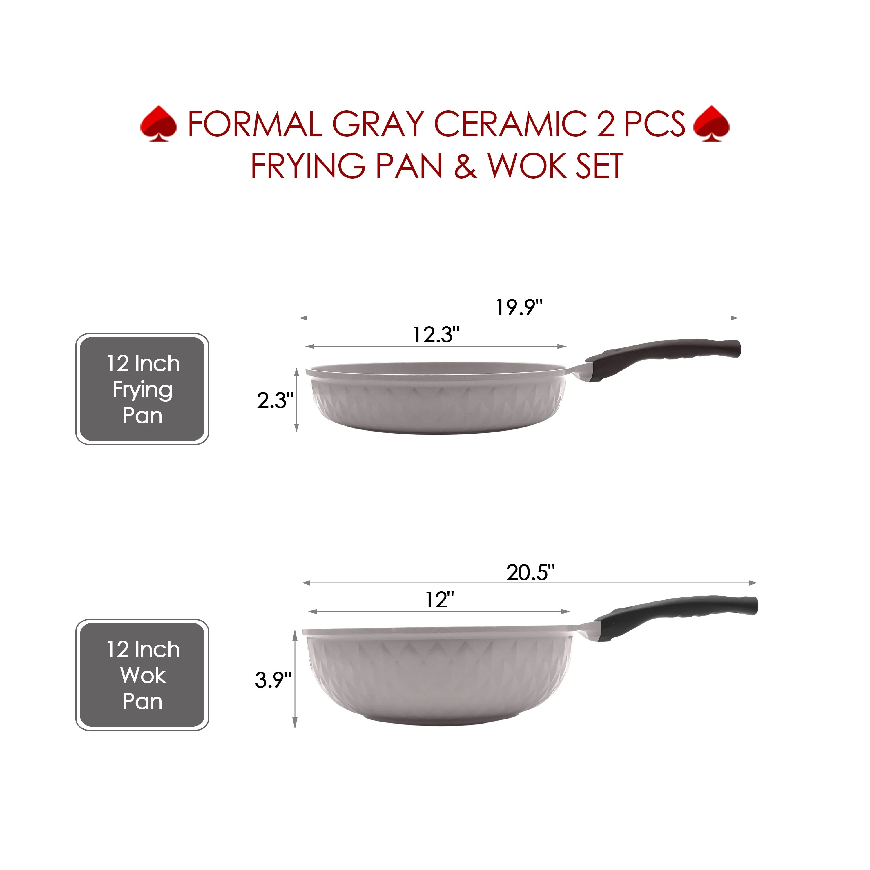 Formal Gray Healthy Nonstick Ceramic 2 Pcs Frying Pan & Wok Set