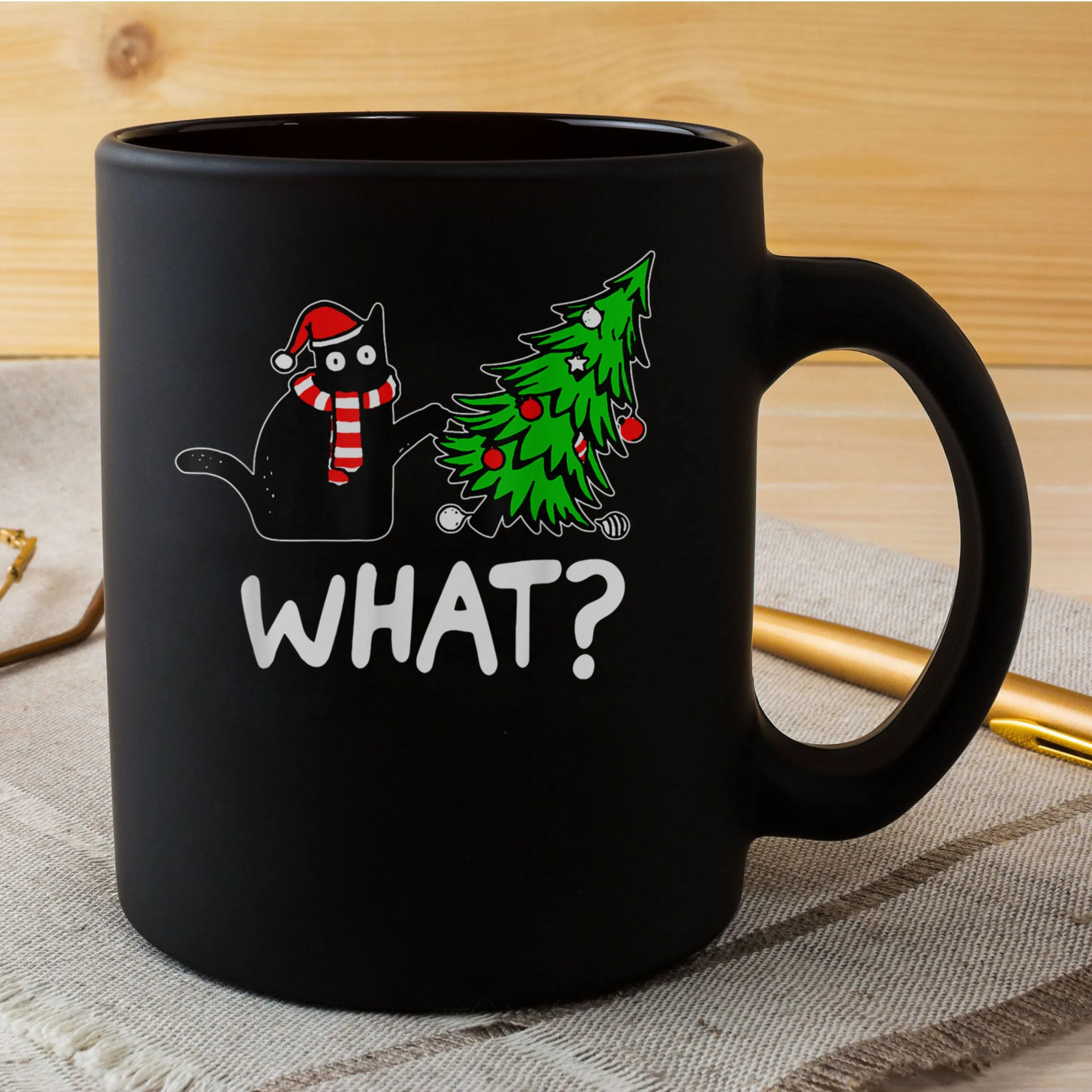 Funny Naughty Black Cat Pushing Christmas Tree Over Cat What Mug