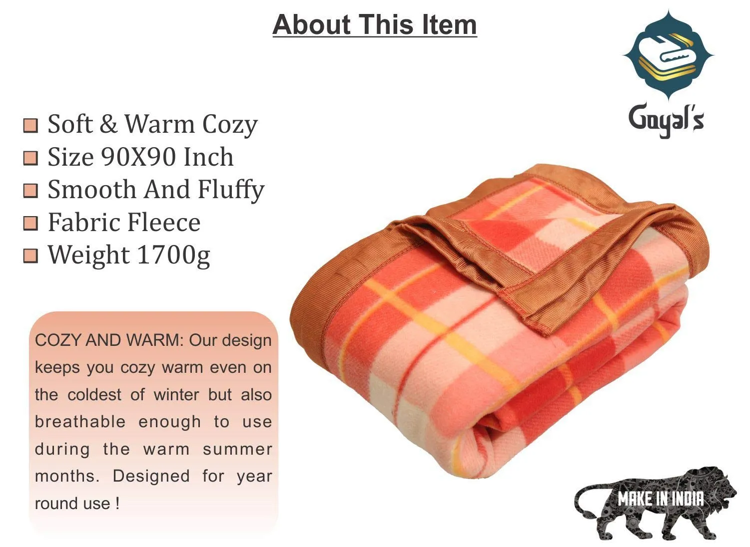 Goyal's Check Double Bed Fleece AC Blanket 90x90 Inch - Orange